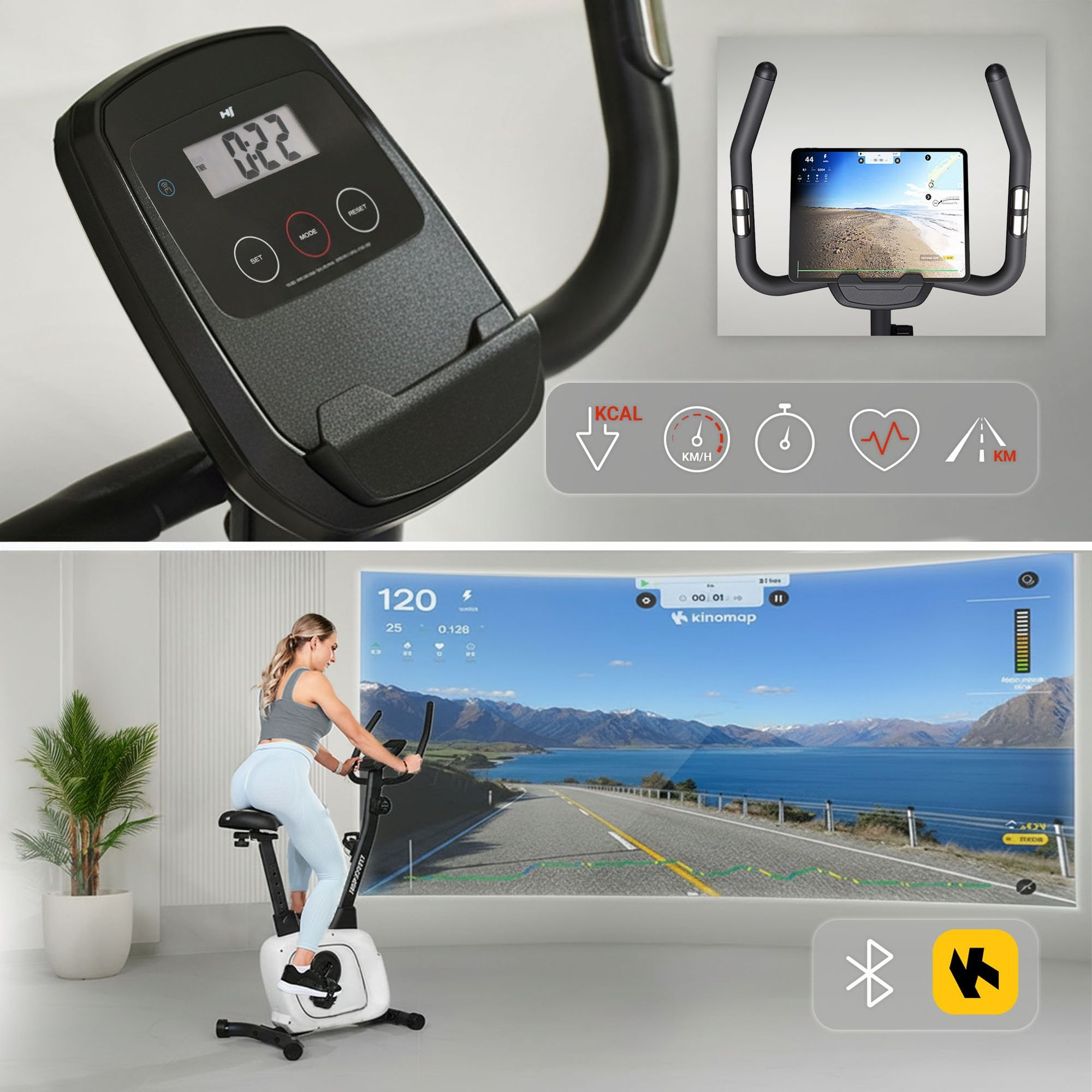 Ein Mann und eine Frau auf einem Heimtrainer, der eine virtuelle Landschaft anzeigt.