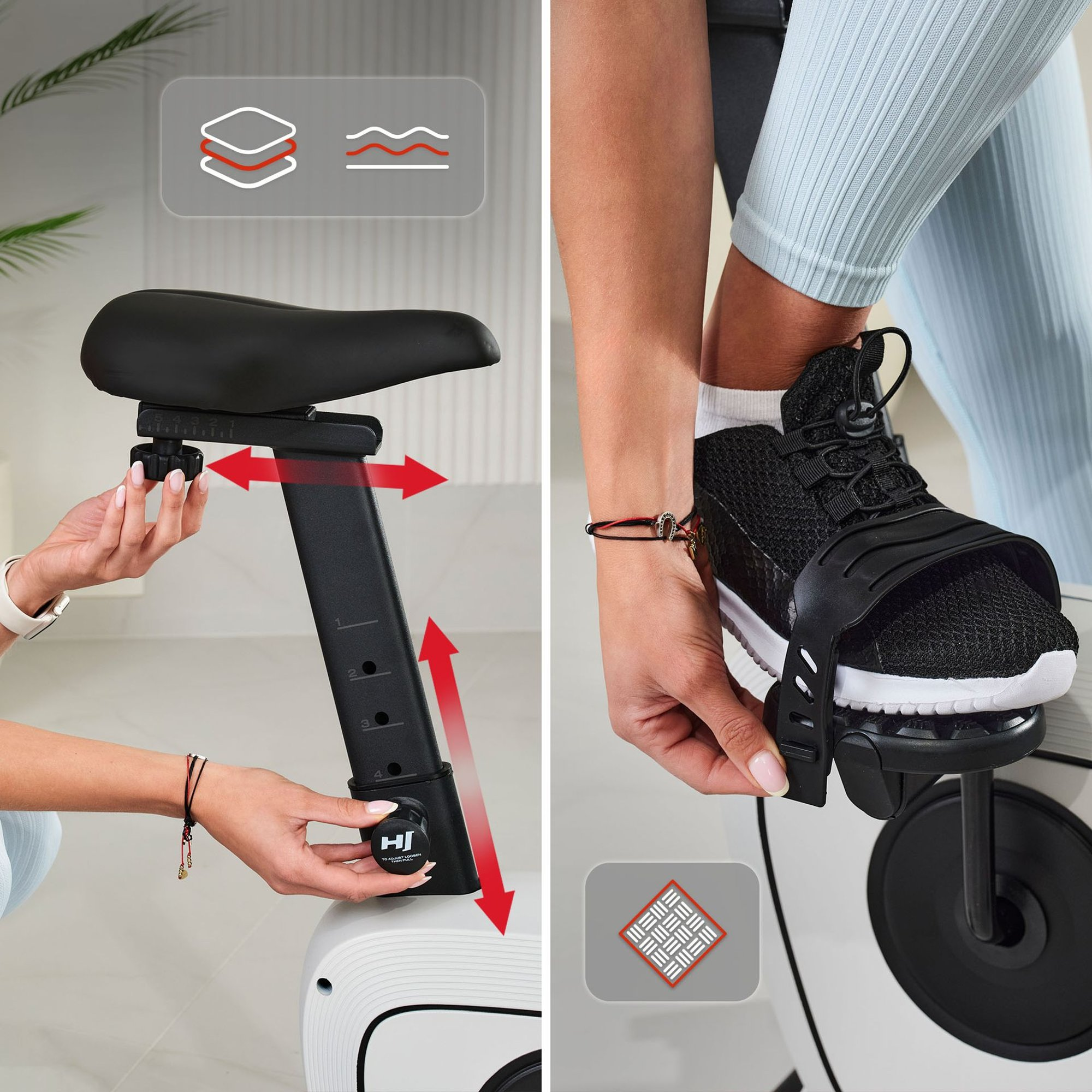 Person passt das Fahrrad an; Sitzhöhe und Pedalverstellung gezeigt.