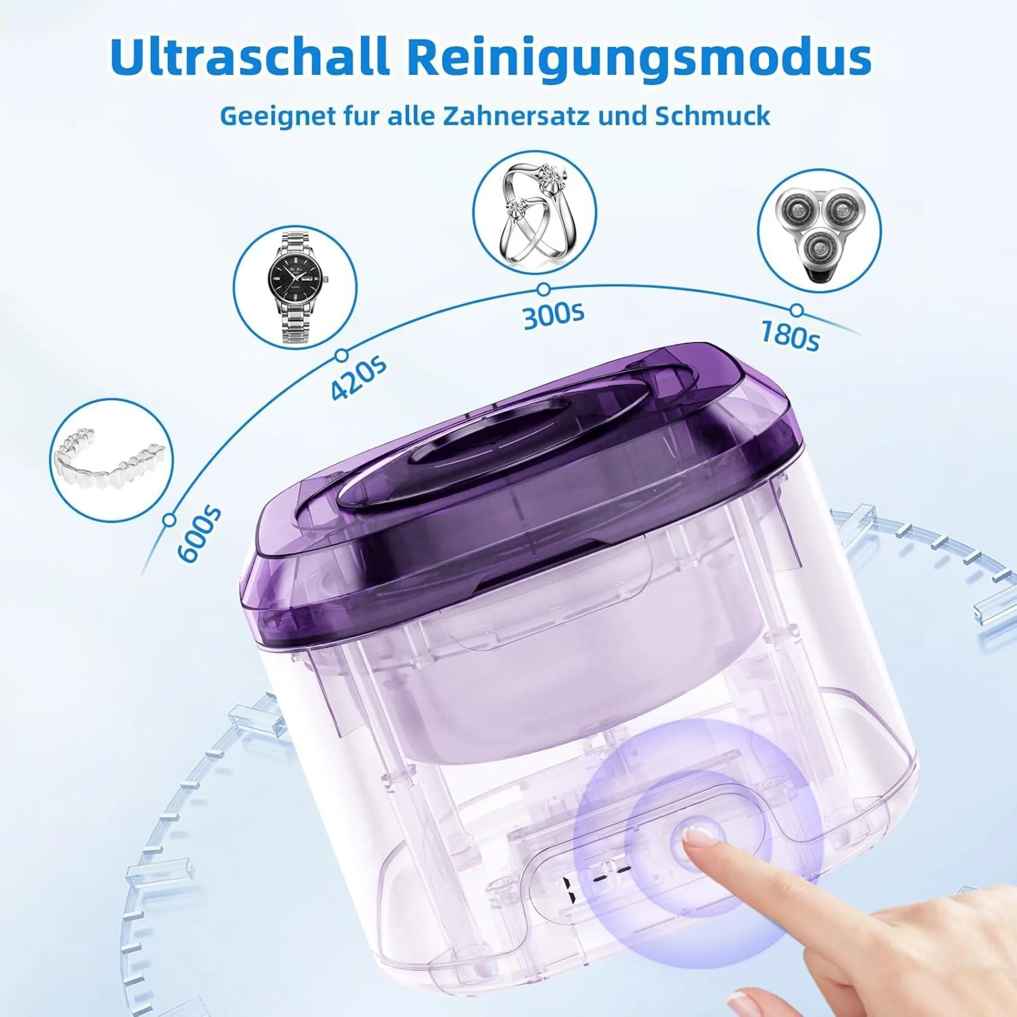Ultraschallreiniger mit Zubehör: Uhr, Ringe, Zahnersatz, Rasierer. Timings: 600s, 420s, 300s, 180s.