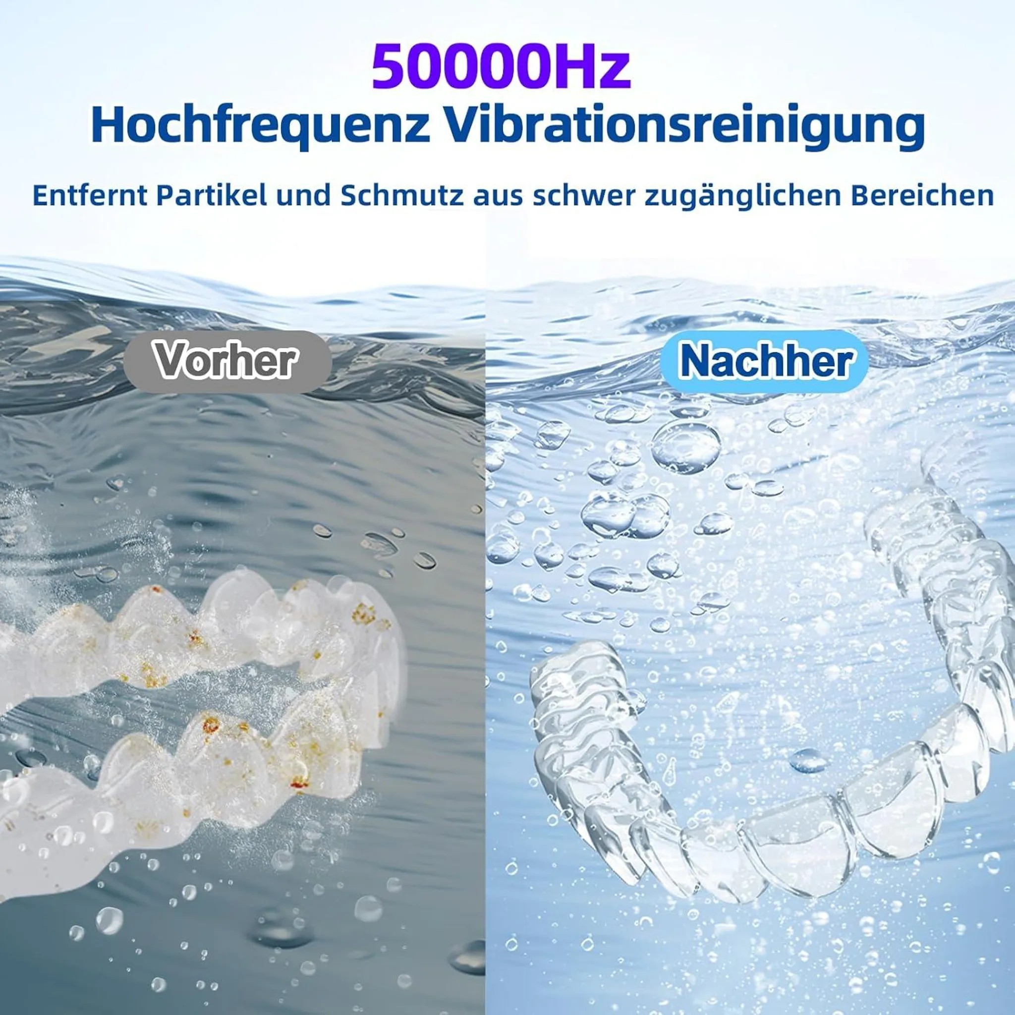 Vorher: Zahnspange mit Schmutz, Nachher: Saubere Zahnspange in Wasser mit Blasen.