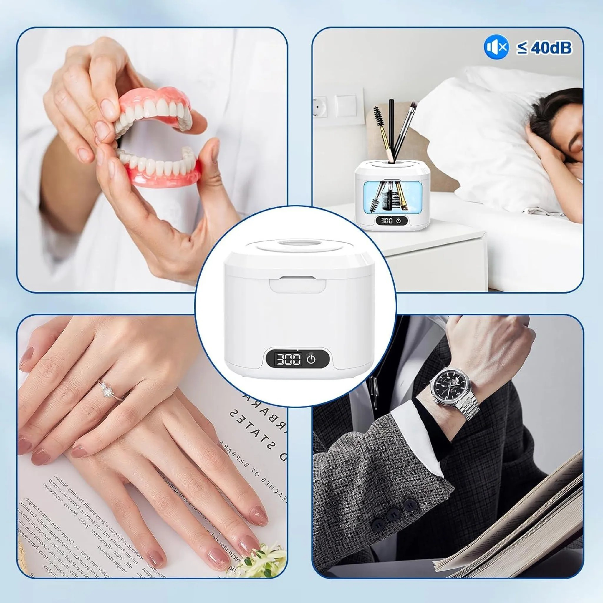 Vier Collagen: Zahnersatz, Reiniger mit Bürsten, Hände mit Ring, Mann mit Uhr.