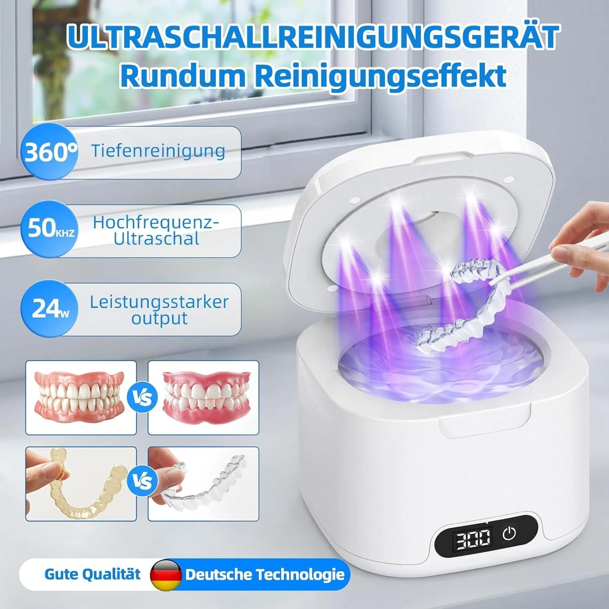 Ultraschallreiniger mit Tiefenreinigung, 50kHz Frequenz, 24W Leistung, zeigt Zähne und Zahnspangen.