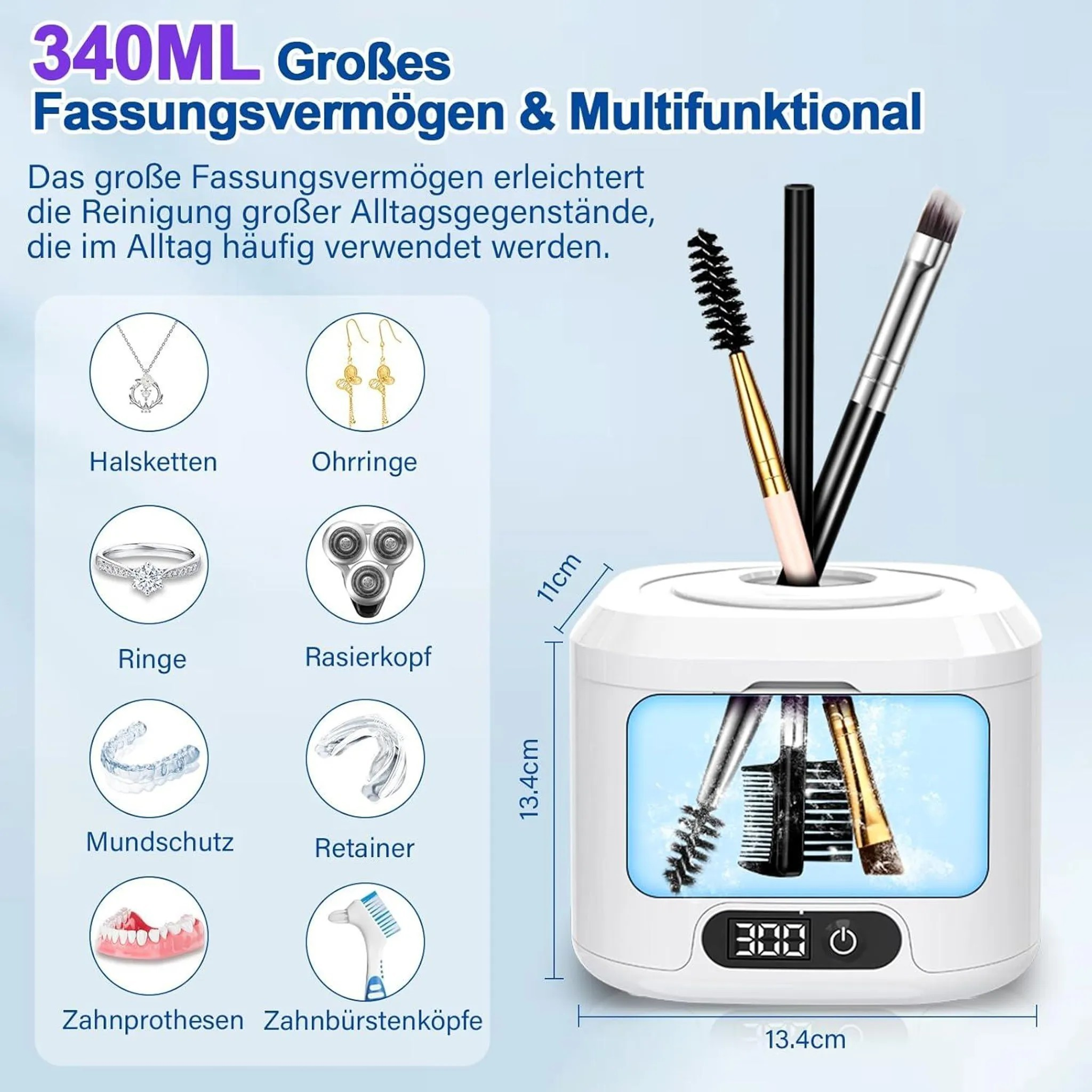 Ein Reinigungsgerät mit 340 ml Fassungsvermögen für Schmuck, Make-up-Pinsel und mehr.