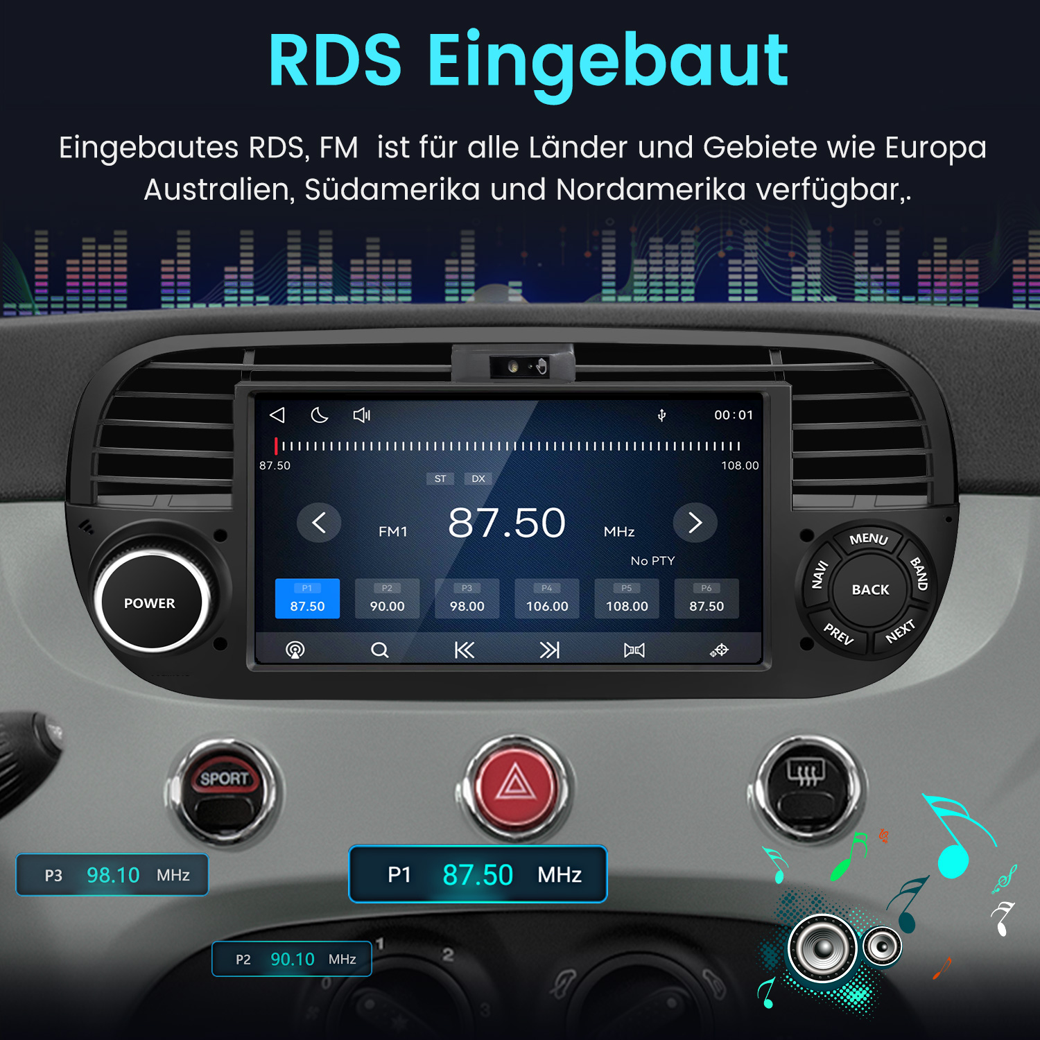 Radiodisplay mit Frequenzen und Bedienelementen in einem Auto.