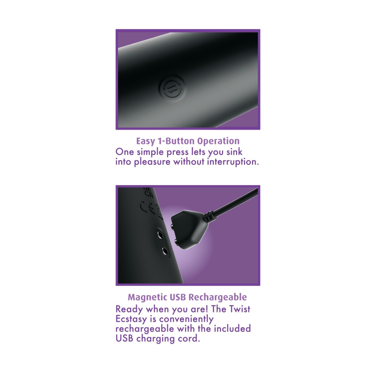Schwarzer Vibrator mit magnetischem USB-Ladekabel und Ein-Knopf-Bedienung.