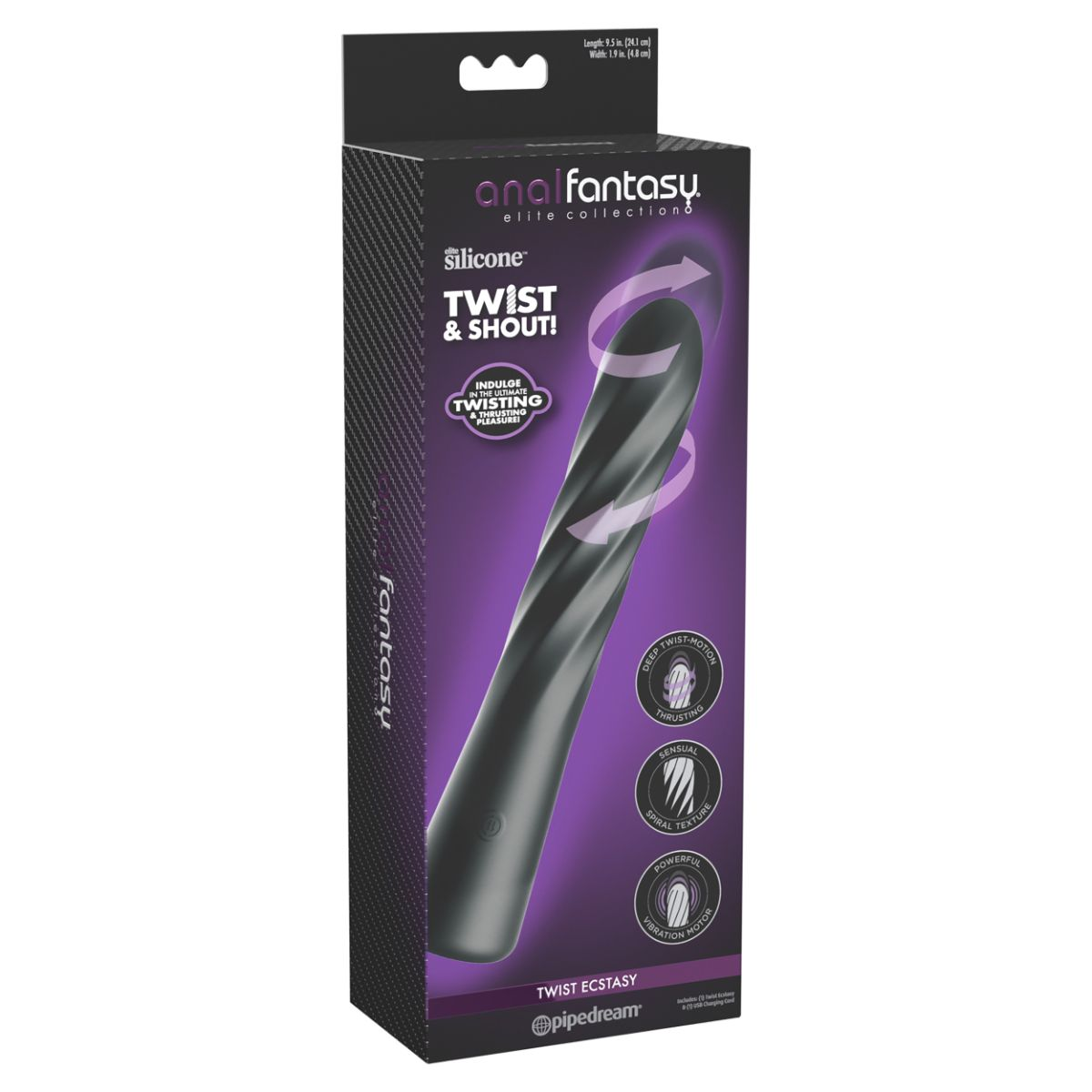 Schwarze Verpackung für Anal Fantasy Twist & Shout Silikon-Vibrator. Spiraldesign.