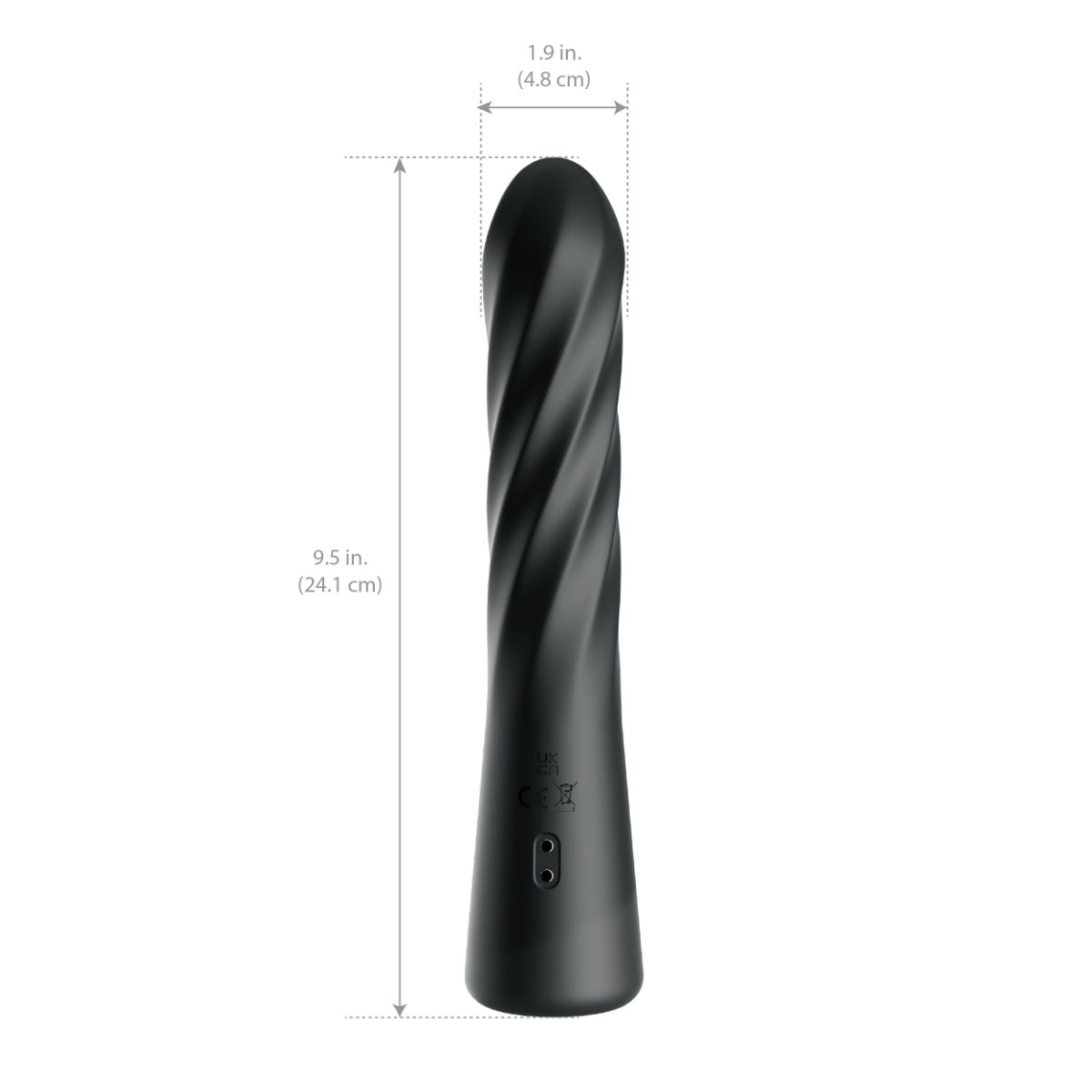 Schwarzer, verdrehter Vibrator, 24,1 cm lang, 4,8 cm breit.