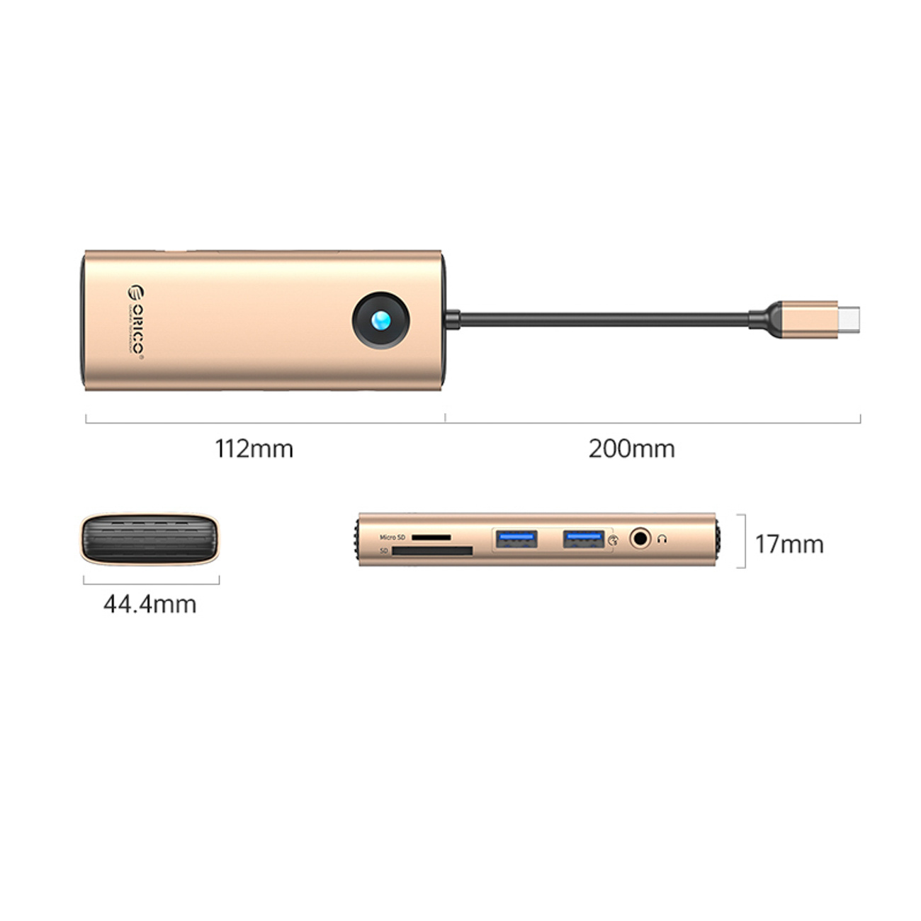 Złoty hub USB-C z wymiarami: 112mm, 200mm, 44.4mm, 17mm.