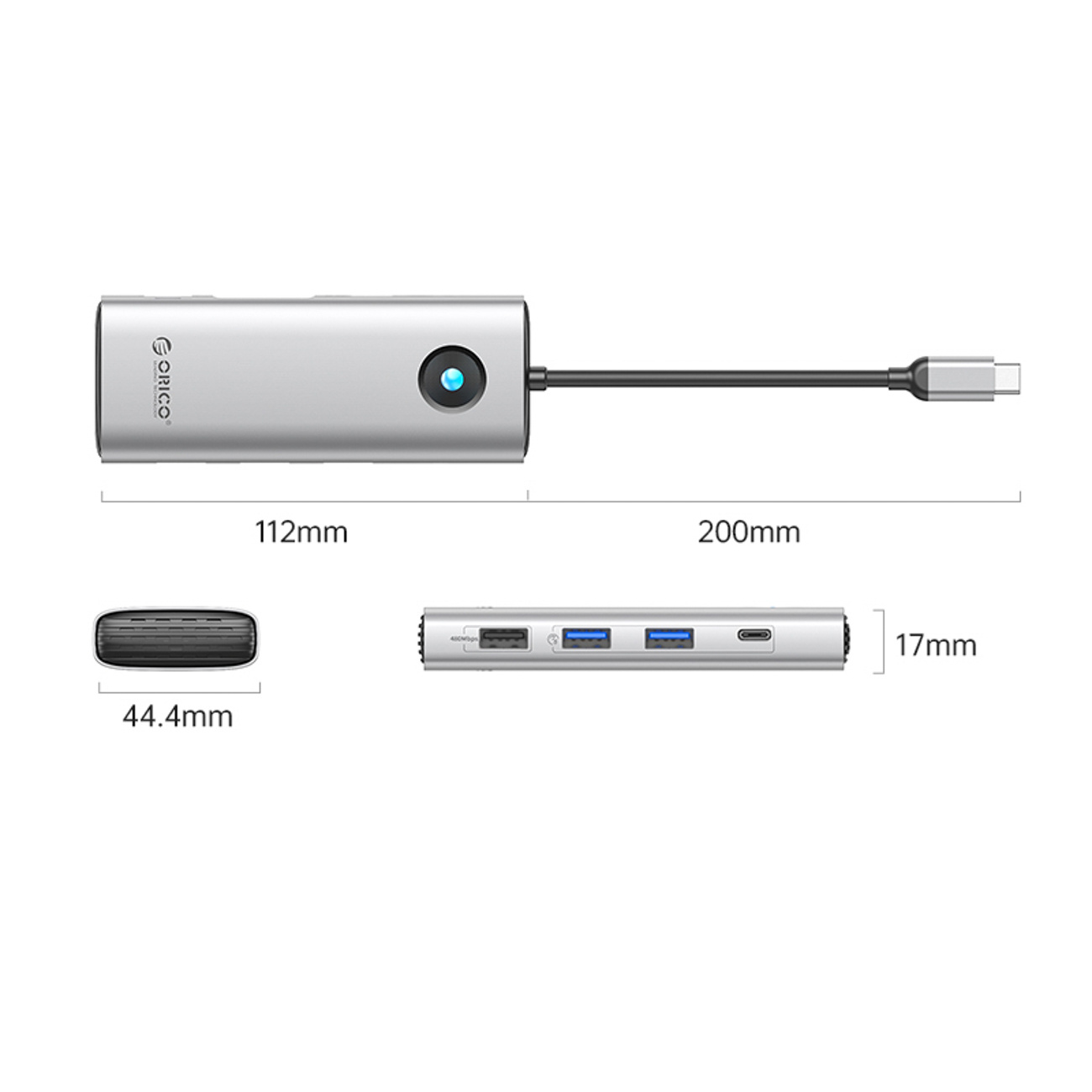 Srebrny hub USB-C z niebieską diodą LED, wymiary 112x44.4x17mm.