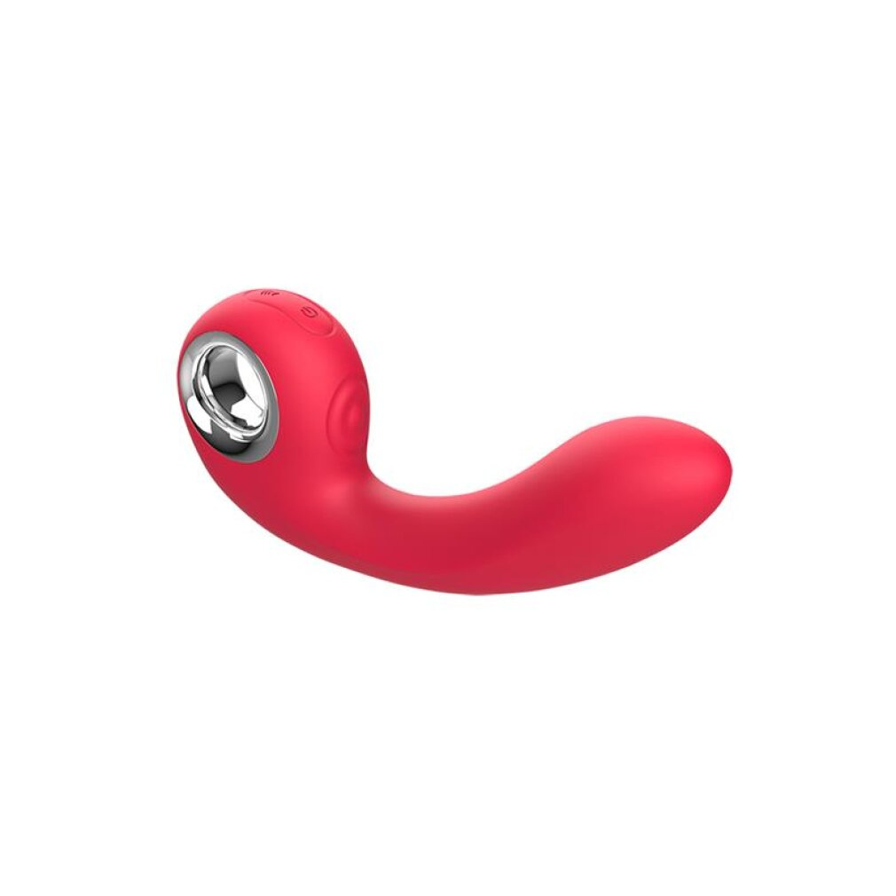 Ein roter Vibrator mit einem gebogenen Stiel und einem silbernen Ring am oberen Ende.