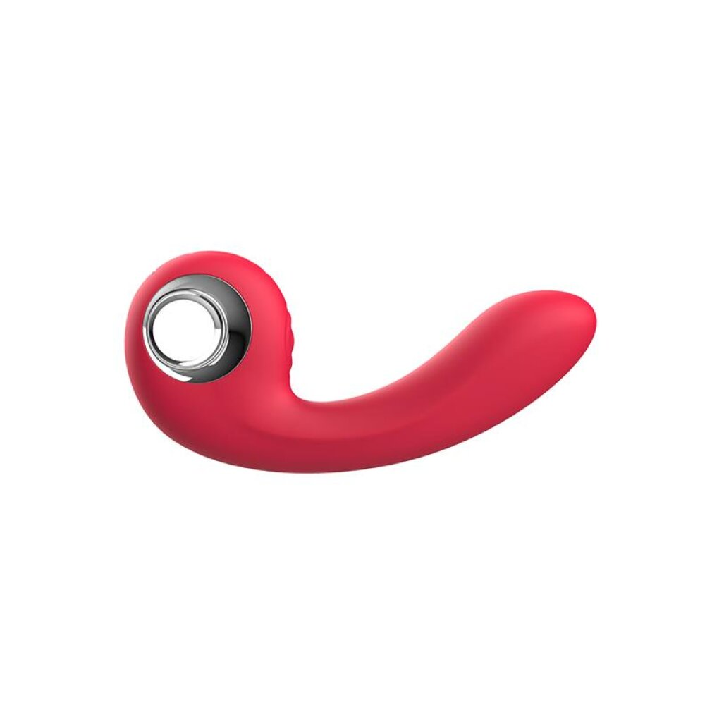 Ein roter Vibrator mit silbernem Ring und einer gebogenen Form, isoliert auf weißem Hintergrund.