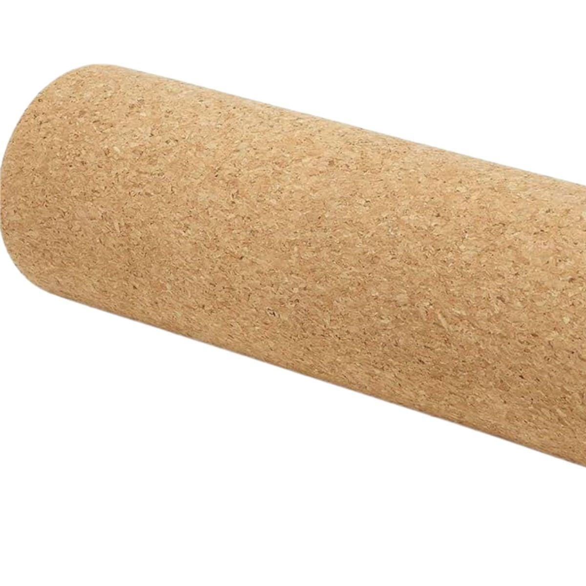 Een close-up van een rol van kurkachtig materiaal op een witte ondergrond.