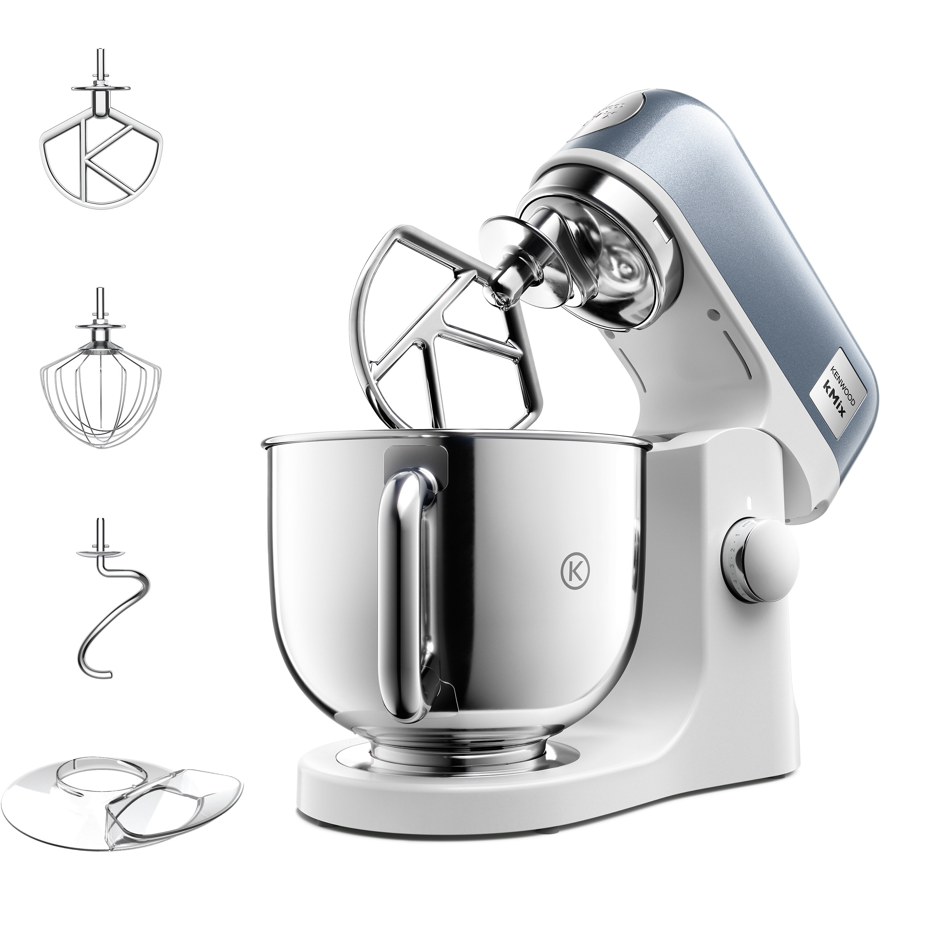 Ein Kenwood Küchenmaschinen-Set mit Rührschüssel, Schlagbesen, Knethaken und Teigschaber.