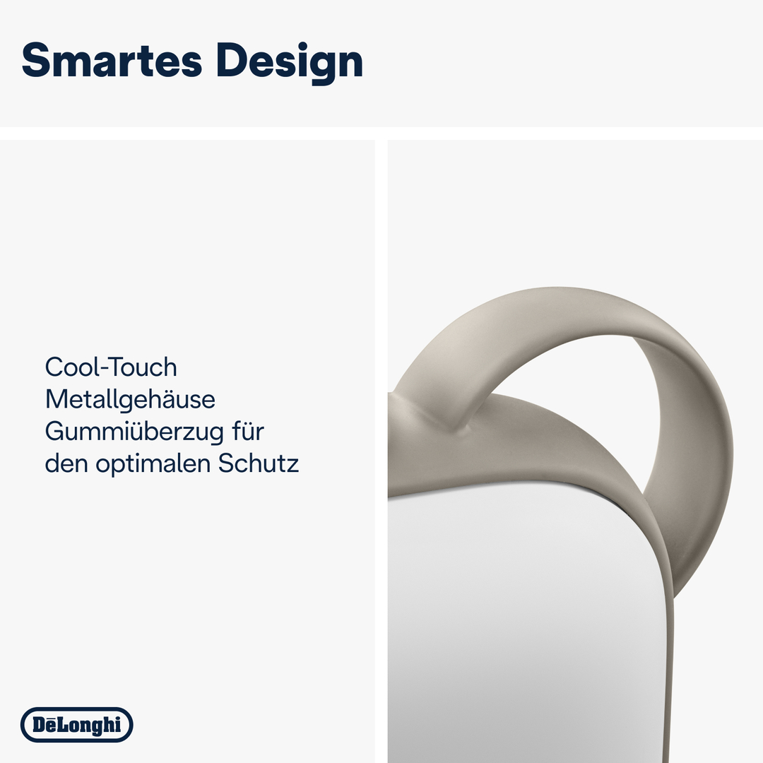 Logo DeLonghi. Scocca in metallo Cool-Touch, rivestimento in gomma per protezione.