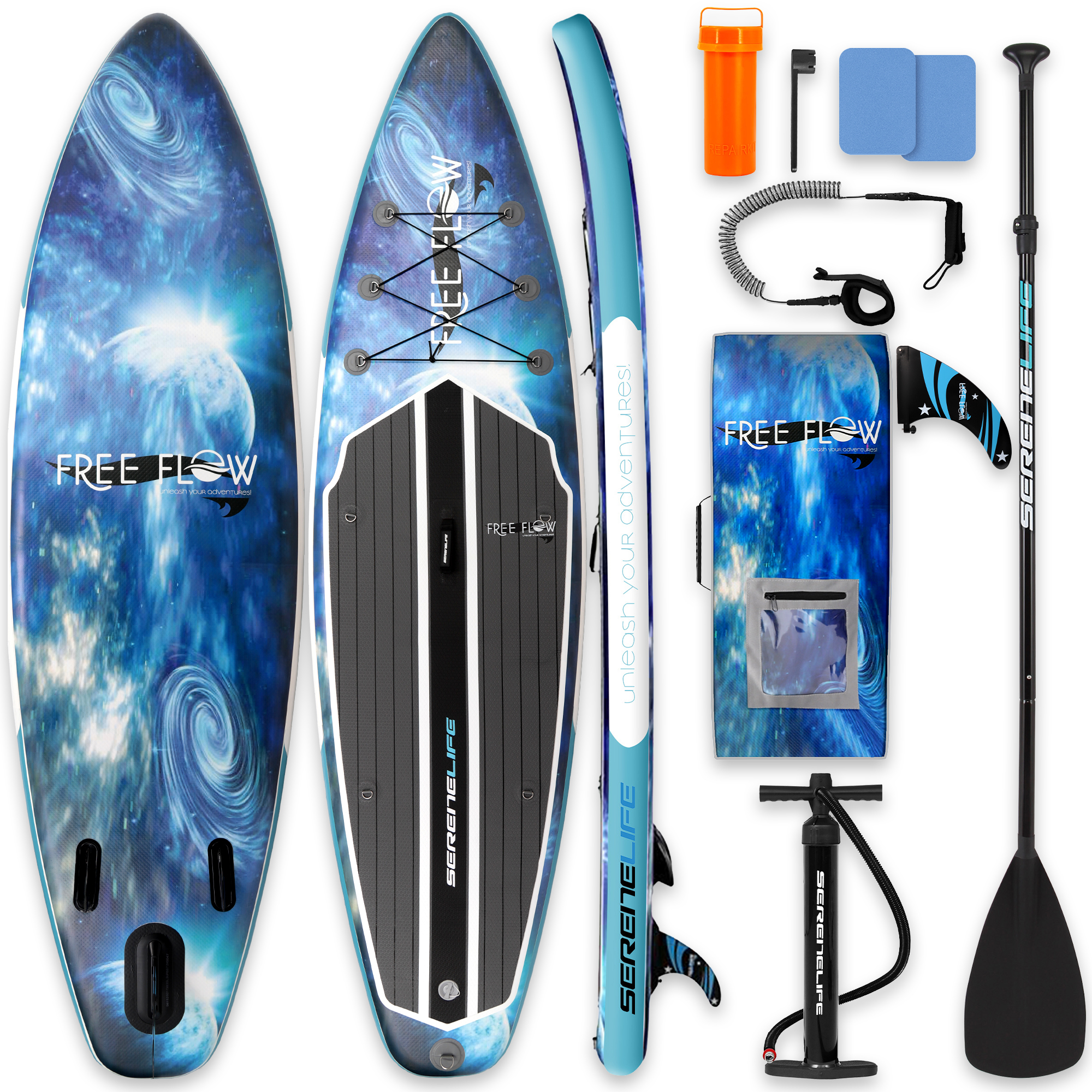 Stand-Up-Paddleboard-Set mit kosmischem Design, Paddel, Pumpe, Leine, Finnen und Reparaturkit.