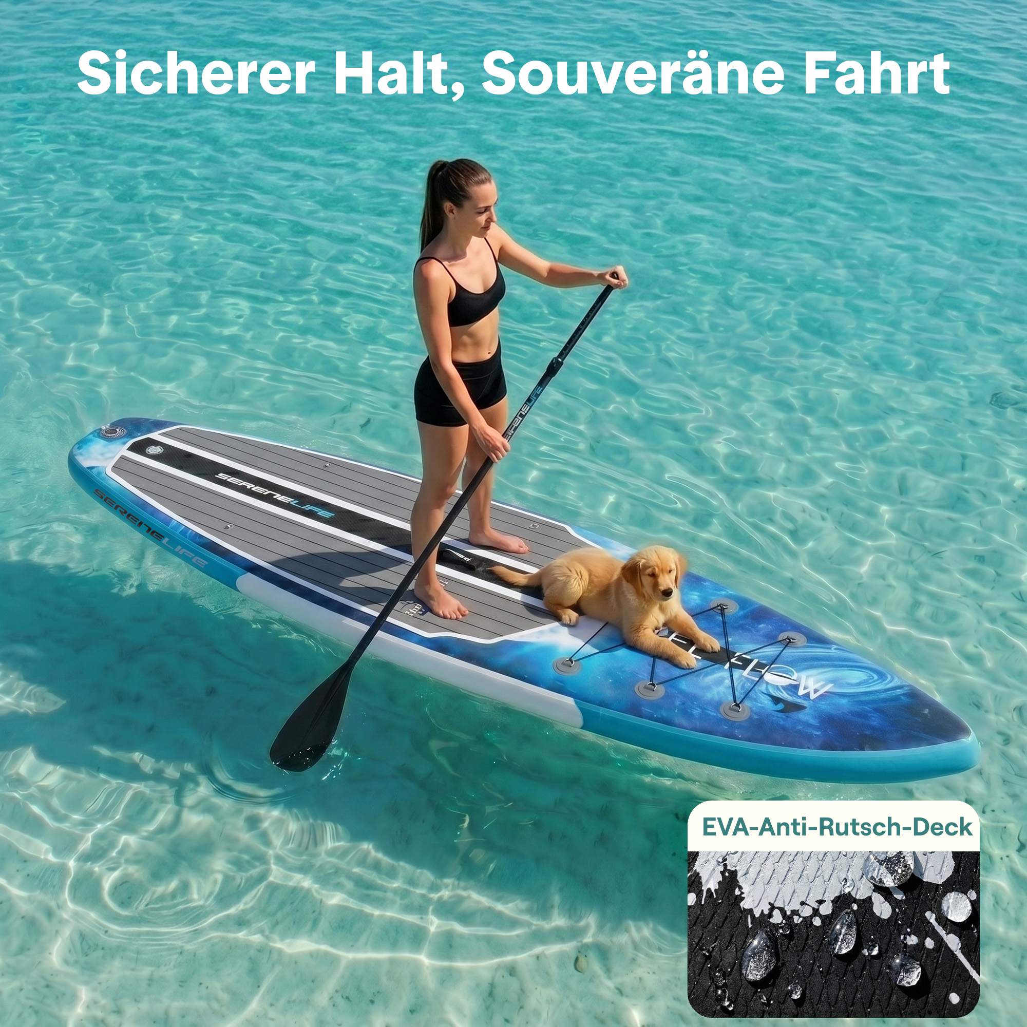 Frau mit Hund auf SUP-Board im Wasser mit Paddel.