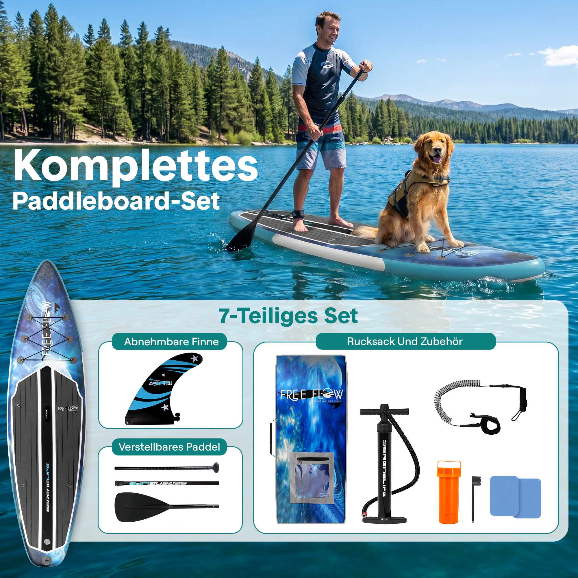 Mann und Hund auf Paddleboard, See mit Bäumen im Hintergrund. Zubehör im Vordergrund.