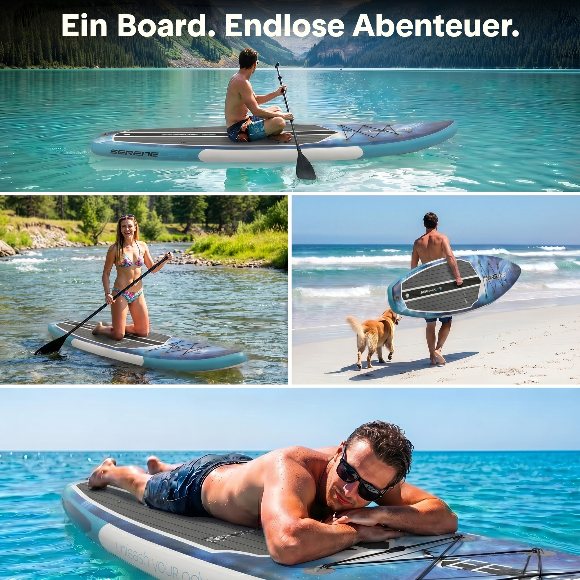 Mann paddelt auf See, Frau kniet auf Brett im Fluss, Mann trägt Brett mit Hund am Strand.