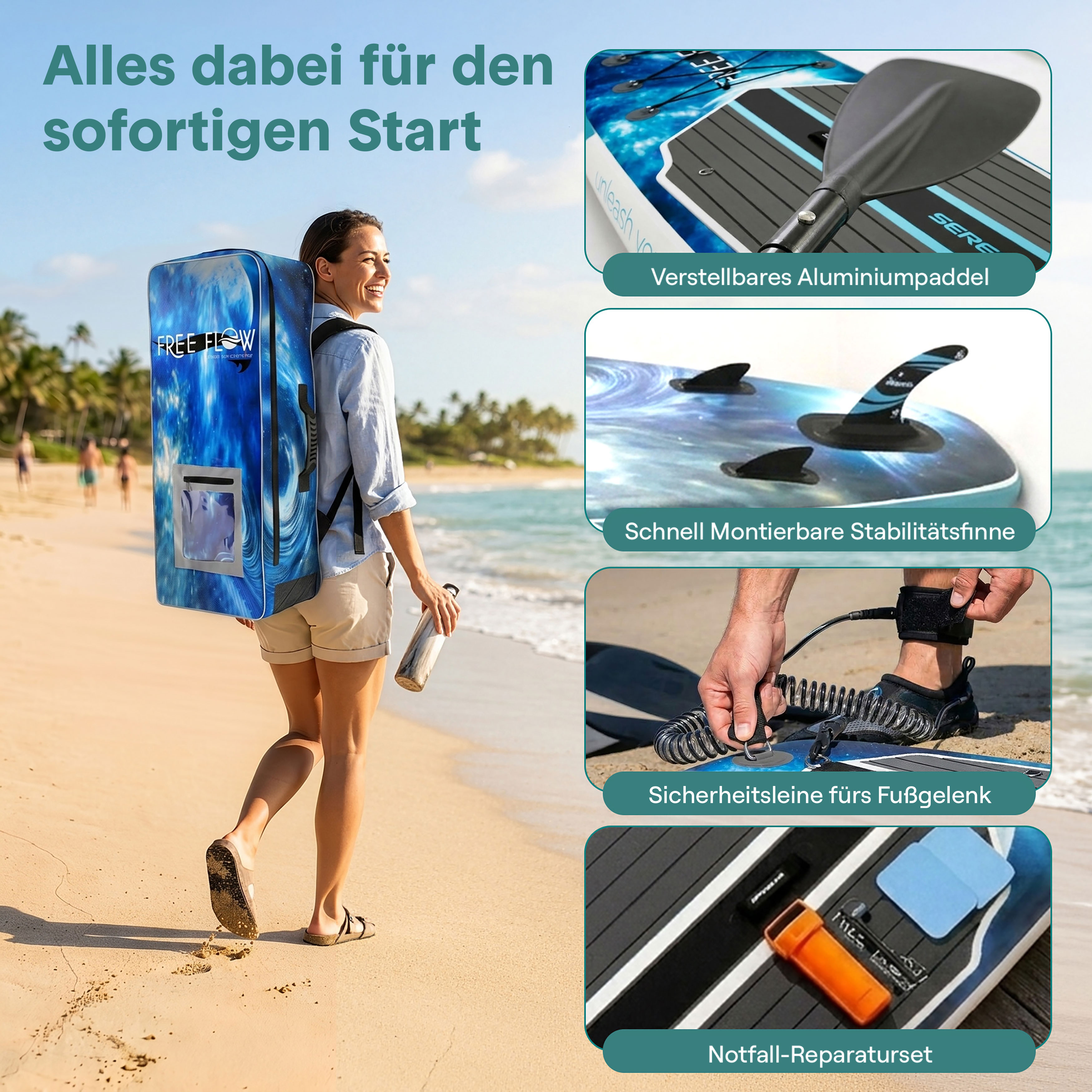 Frau mit SUP-Rucksack am Strand, Zubehör wie Paddel, Finnen und Leine.