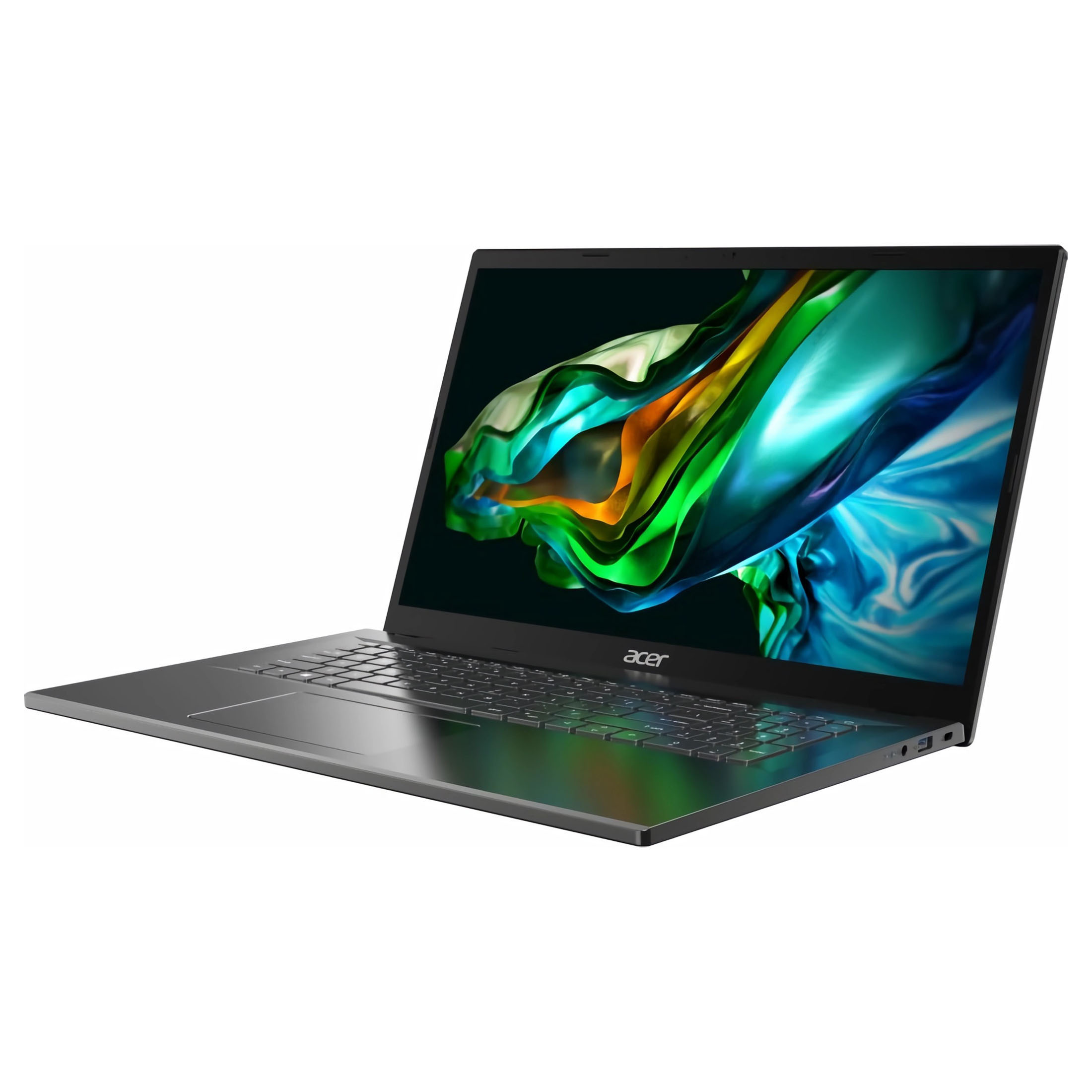 Ein geöffneter, schlanker grauer Laptop mit einem bunten Hintergrundbild auf dem Bildschirm.