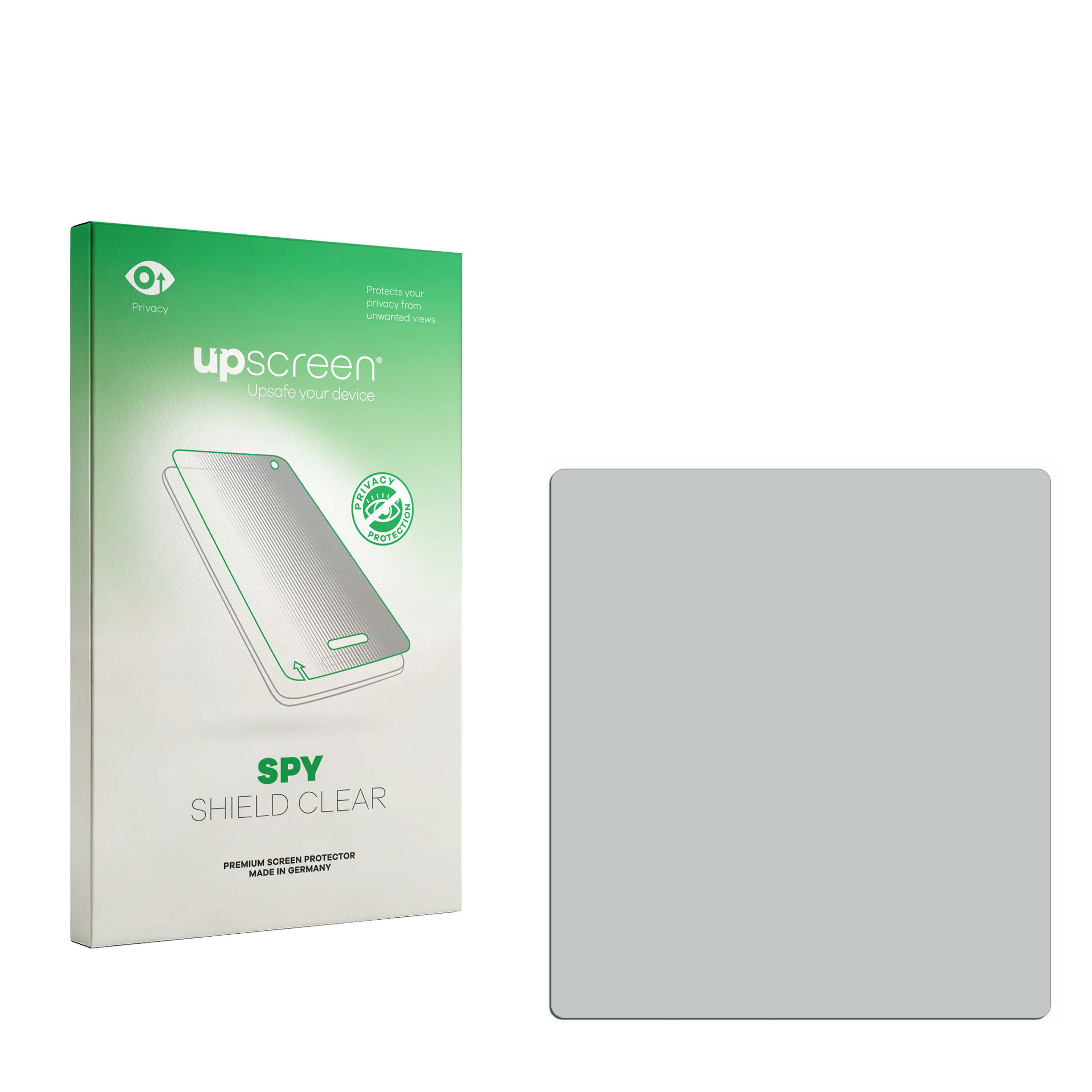 Verpackung für einen Displayschutz mit dem Aufdruck 'upscreen SPY SHIELD CLEAR'.