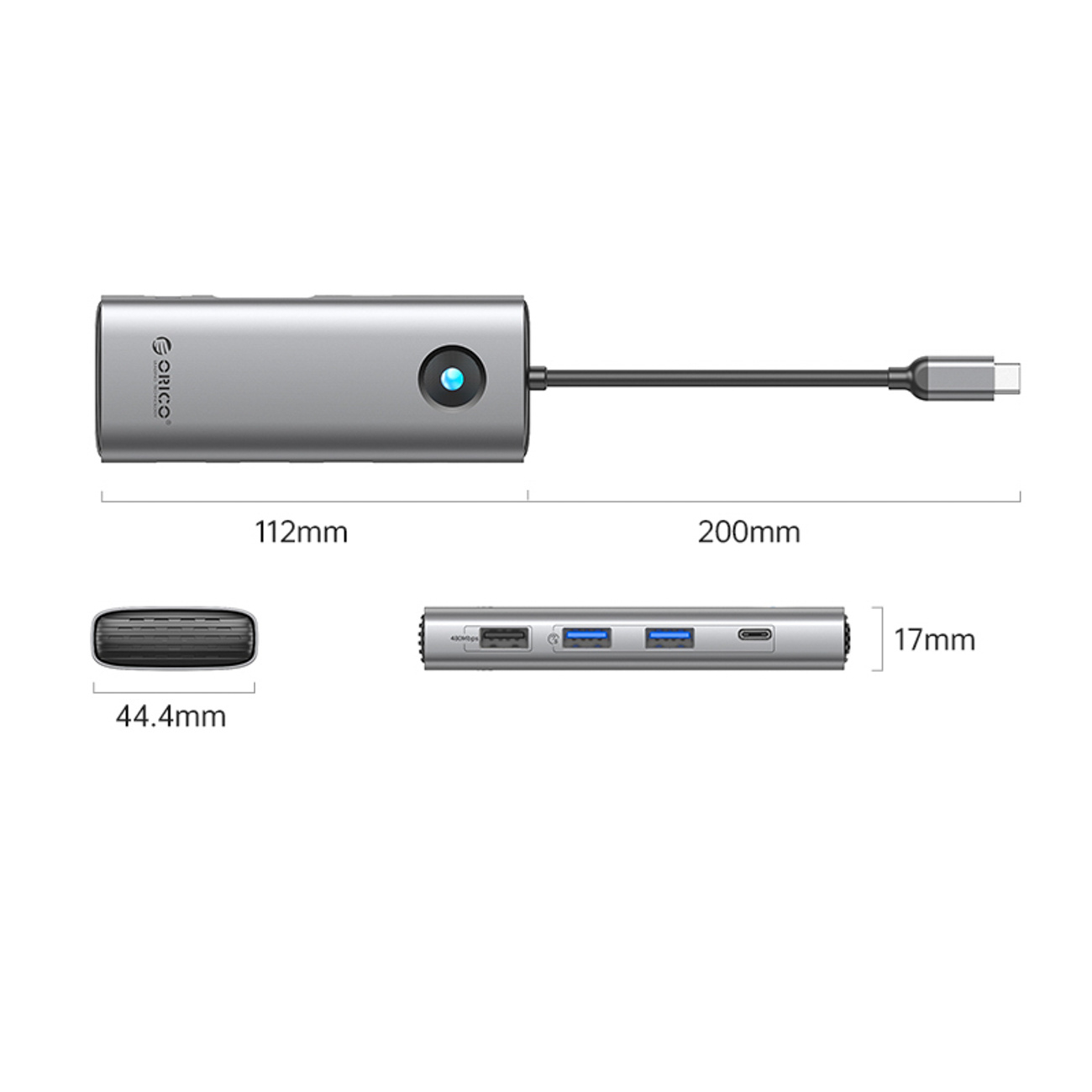 Szary hub USB-C z portami i oznaczeniami wymiarów.