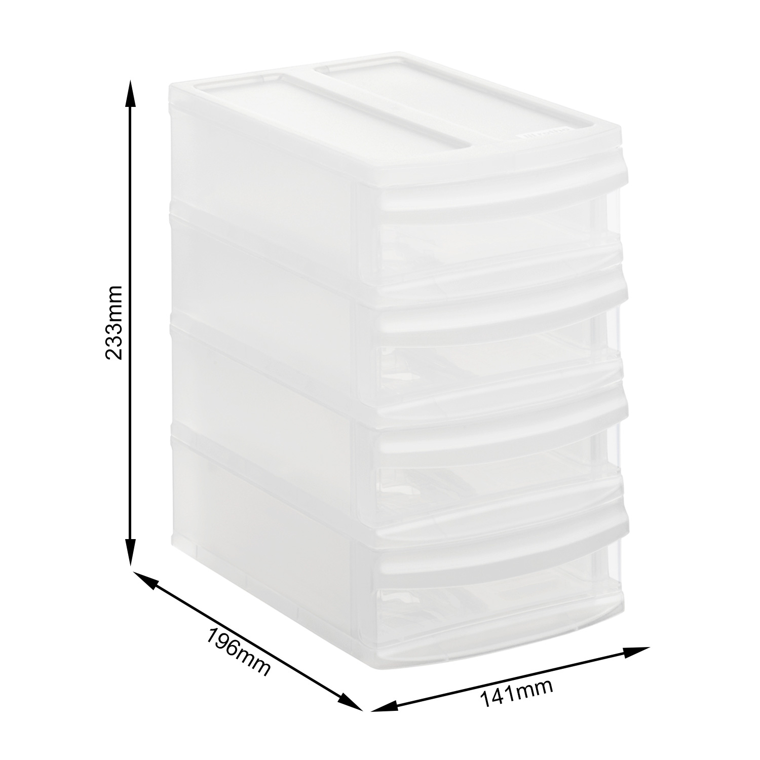 Przezroczysta plastikowa szafka z szufladami, pięć szuflad. Wymiary: 233x196x141mm.