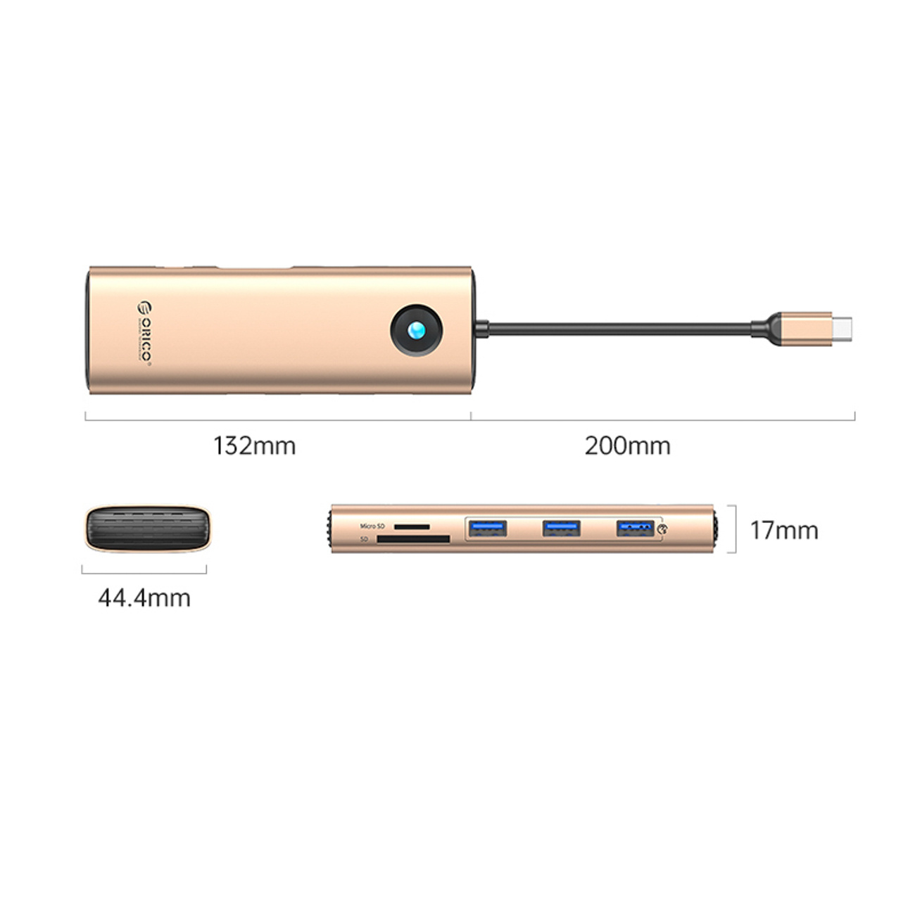 Złoty hub USB-C ze slotami SD/Micro-SD i 3 portami USB.