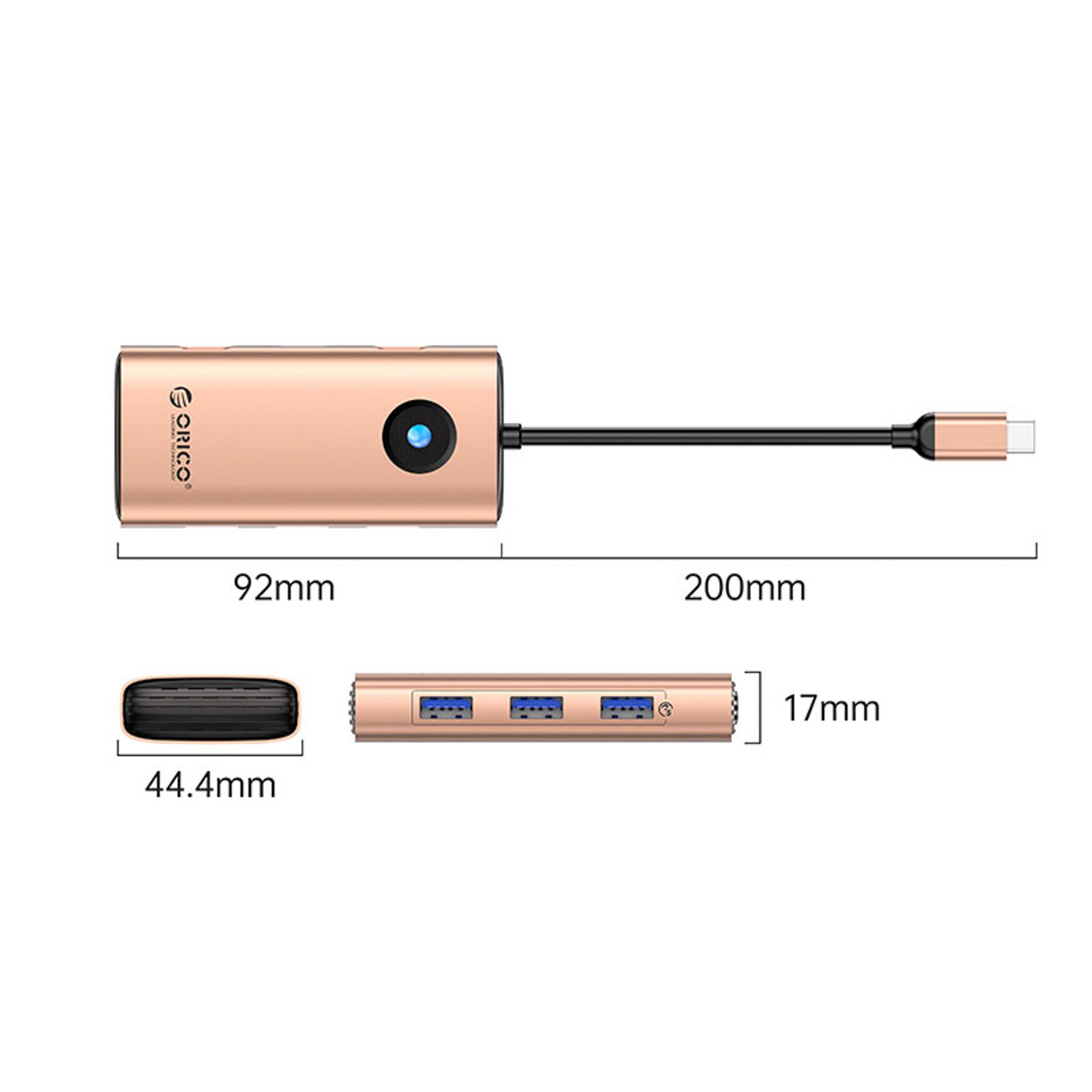 Różowo-złoty hub USB z 3 portami i złączem USB-C. Wymiary pokazane.