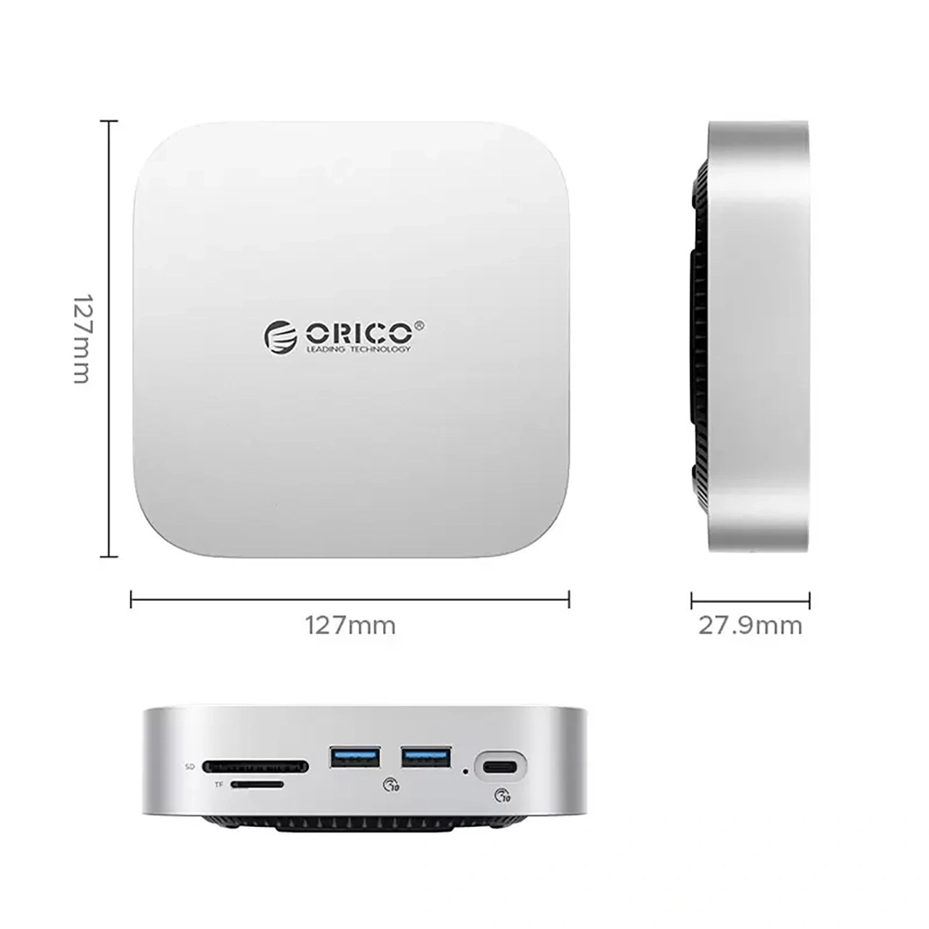 Biały mini PC z gniazdami kart SD/TF i portami USB.