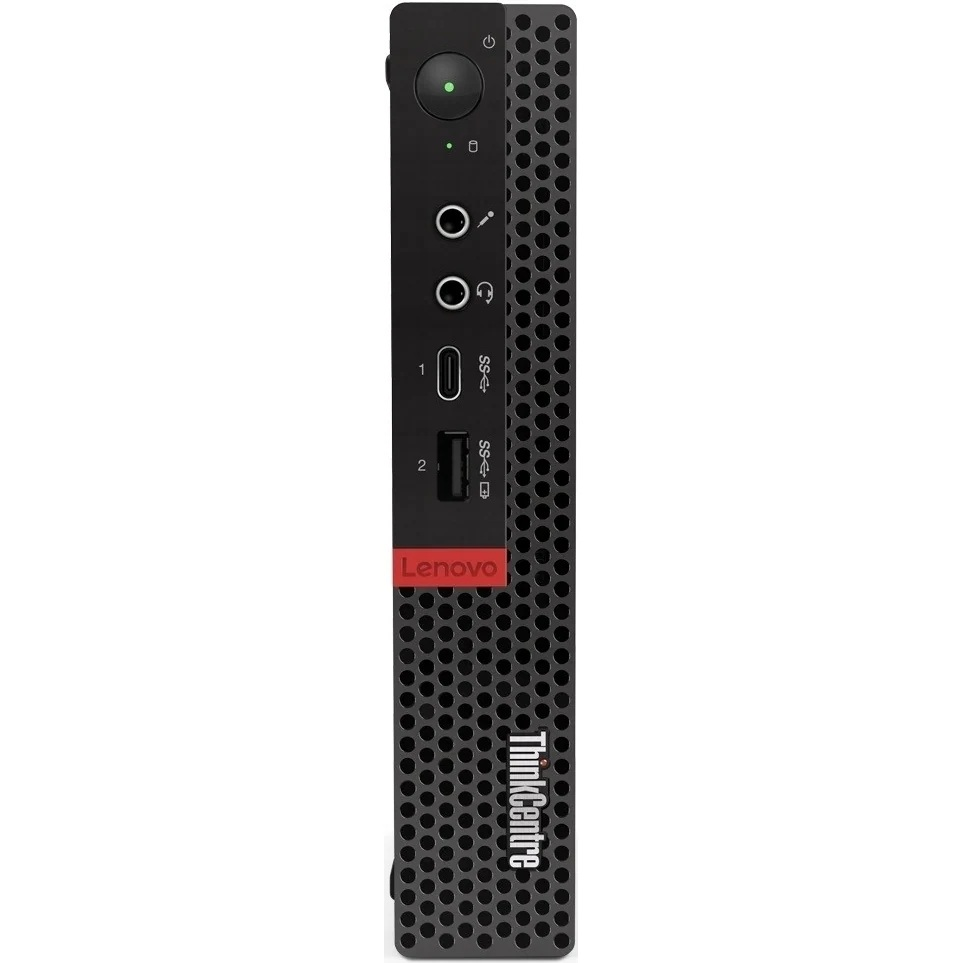 Ein schwarzer Lenovo ThinkCentre Mini-PC mit Anschlüssen und rotem Lenovo-Logo.