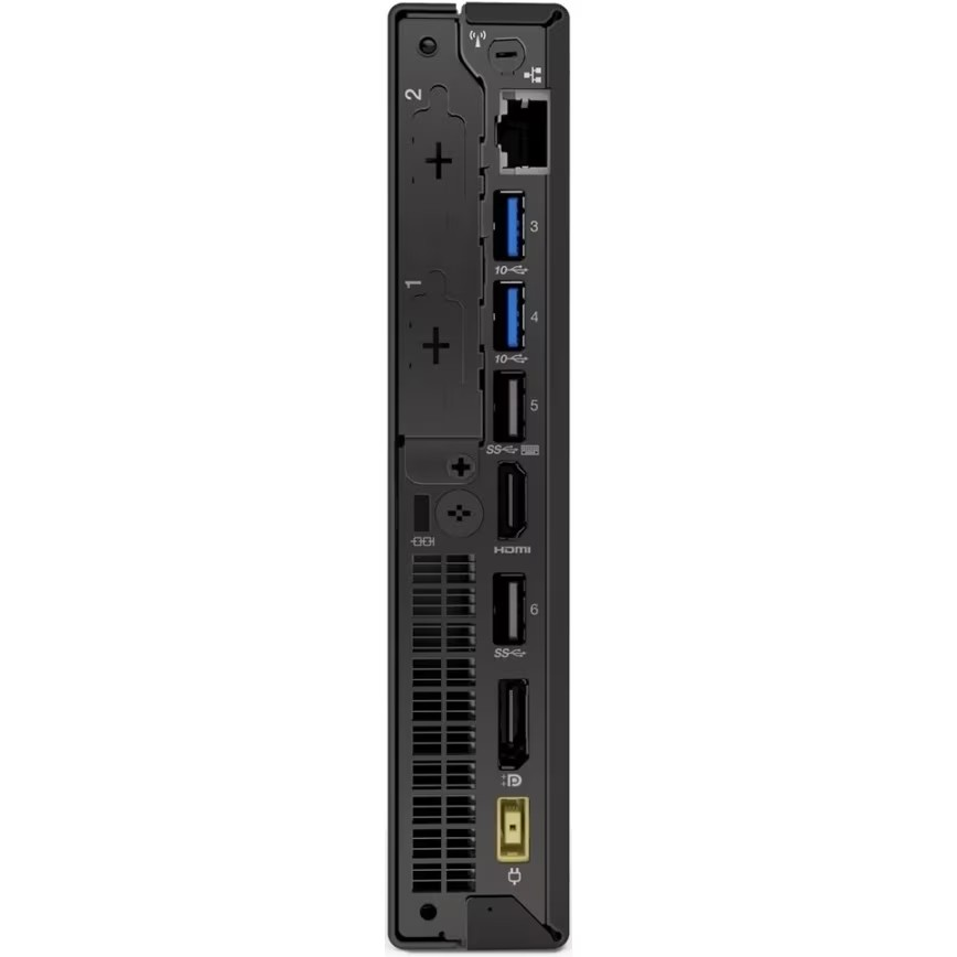 Rückseite eines schwarzen Computers mit Anschlüssen: USB, HDMI, Netzwerk und Strom.