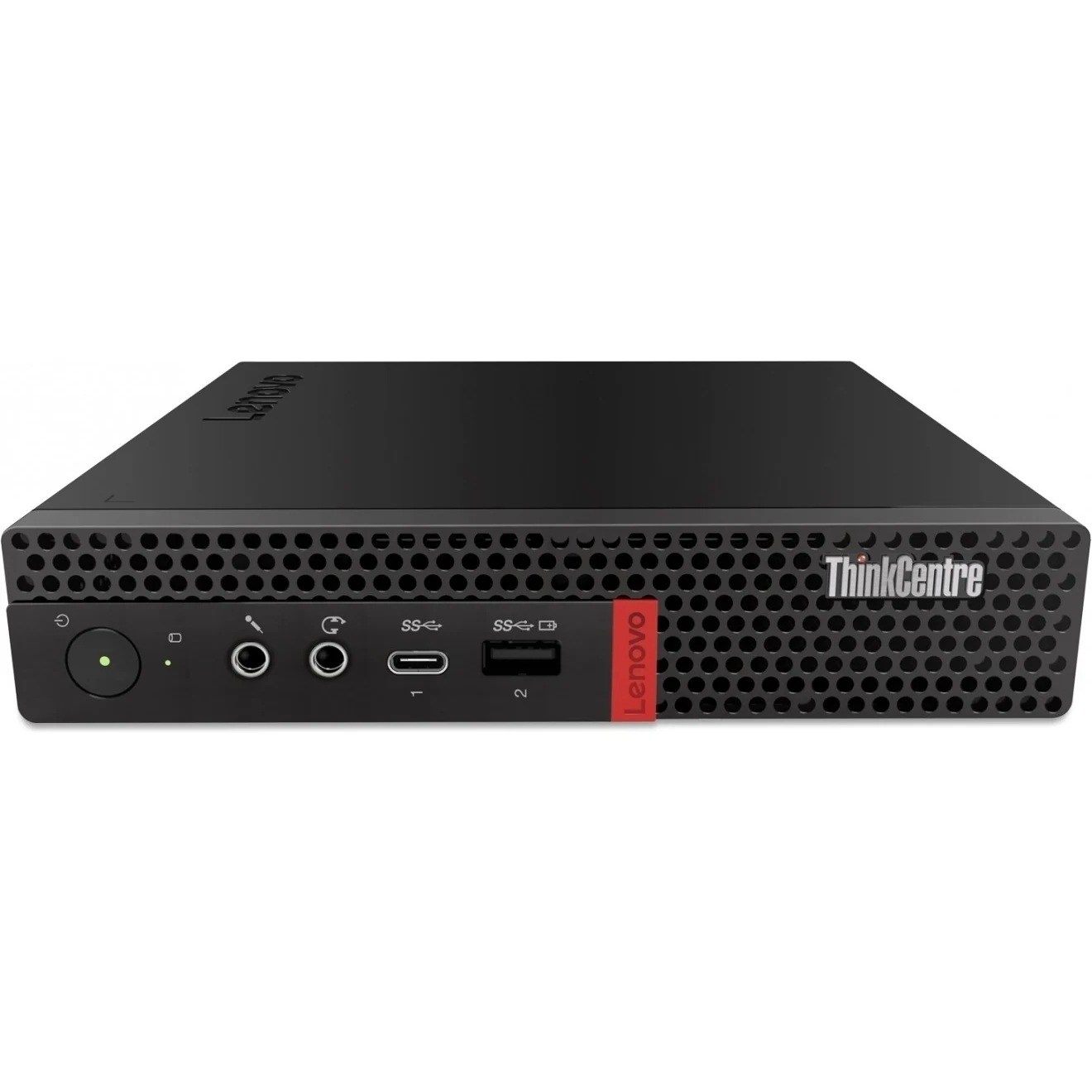Kompakter schwarzer Lenovo ThinkCentre PC mit Anschlüssen und rotem Lenovo-Logo.