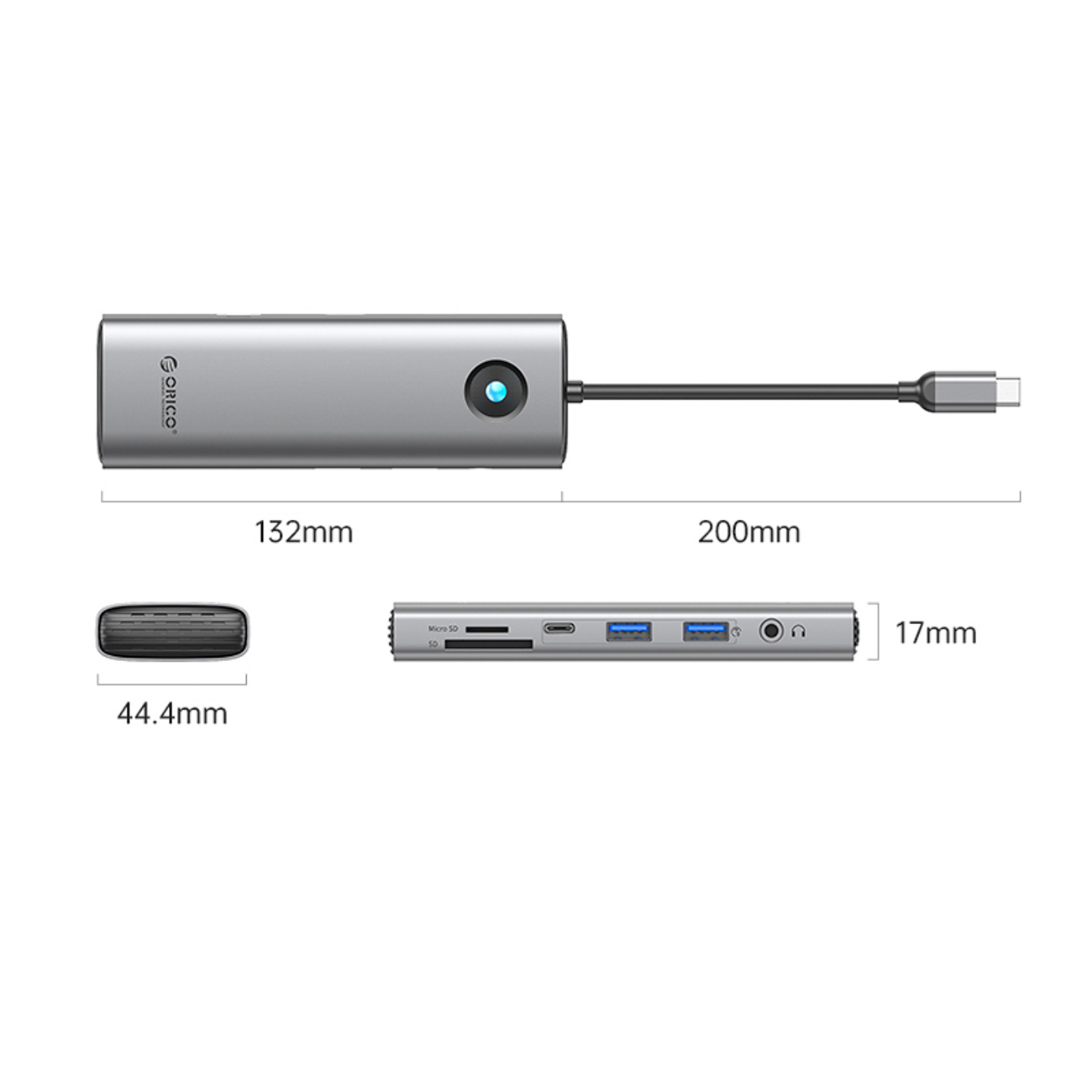 Srebrny hub USB-C ze slotami SD/MicroSD, portami USB i gniazdem słuchawkowym.