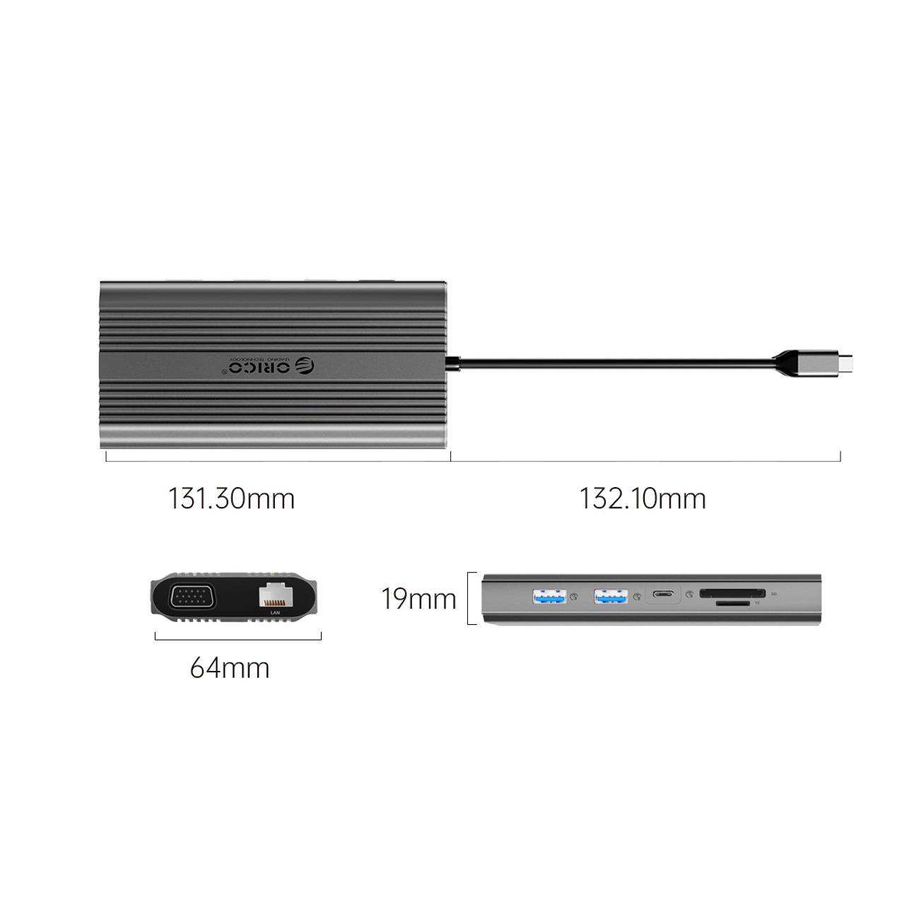 Szary hub USB-C z portami i wymiarami.