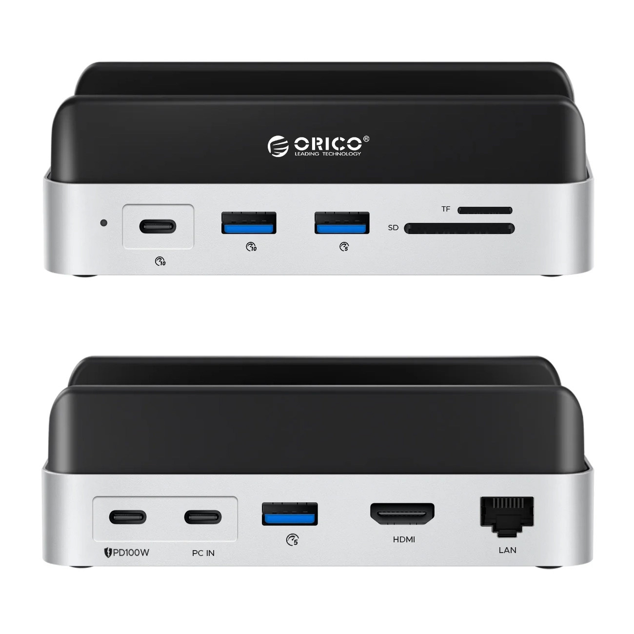 Dwie czarno-srebrne stacje dokujące ORICO obok siebie. Widoczne porty: USB-C, USB-A, SD, TF, HDMI, LAN.