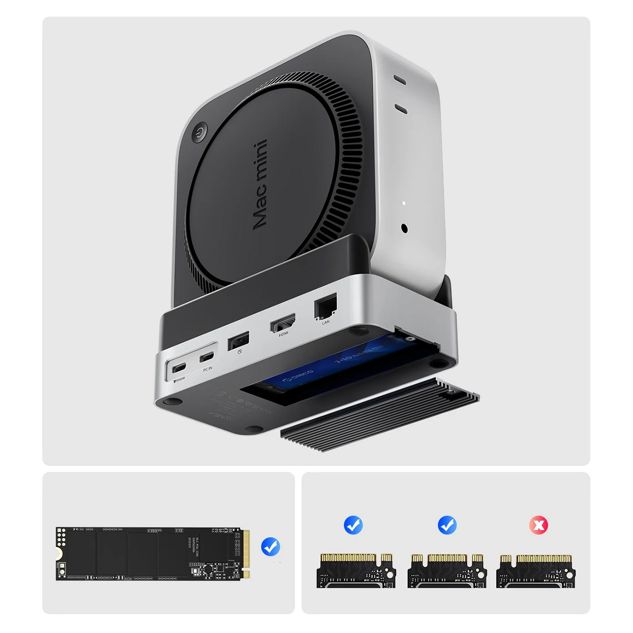 Mac mini ze stacją dokującą i dyskiem SSD M.2. Porty: USB-C, HDMI, LAN.