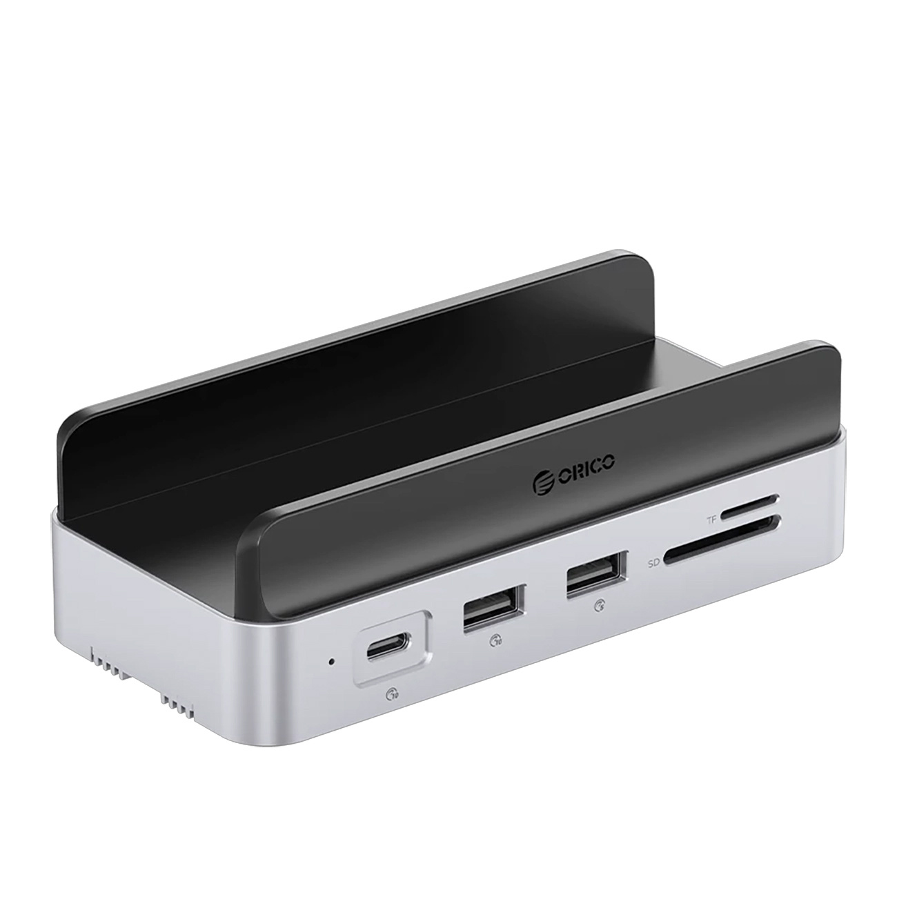 Srebrna stacja dokująca z czarnymi uchwytami, portami USB-C, USB-A, SD i TF.
