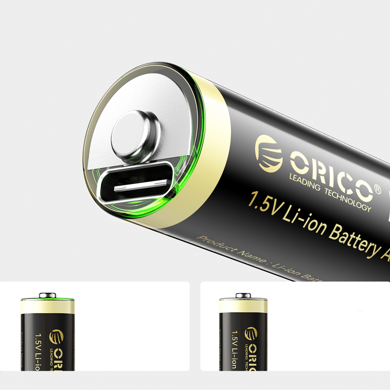 Zbliżenie czarnej baterii z portem USB-C i zielonym blaskiem.