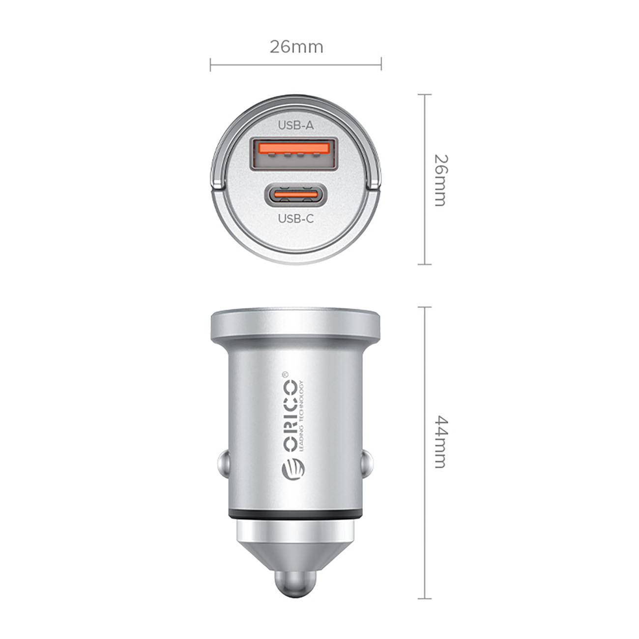 Srebrna ładowarka samochodowa z portami USB-A i USB-C, wymiary 26x44mm.