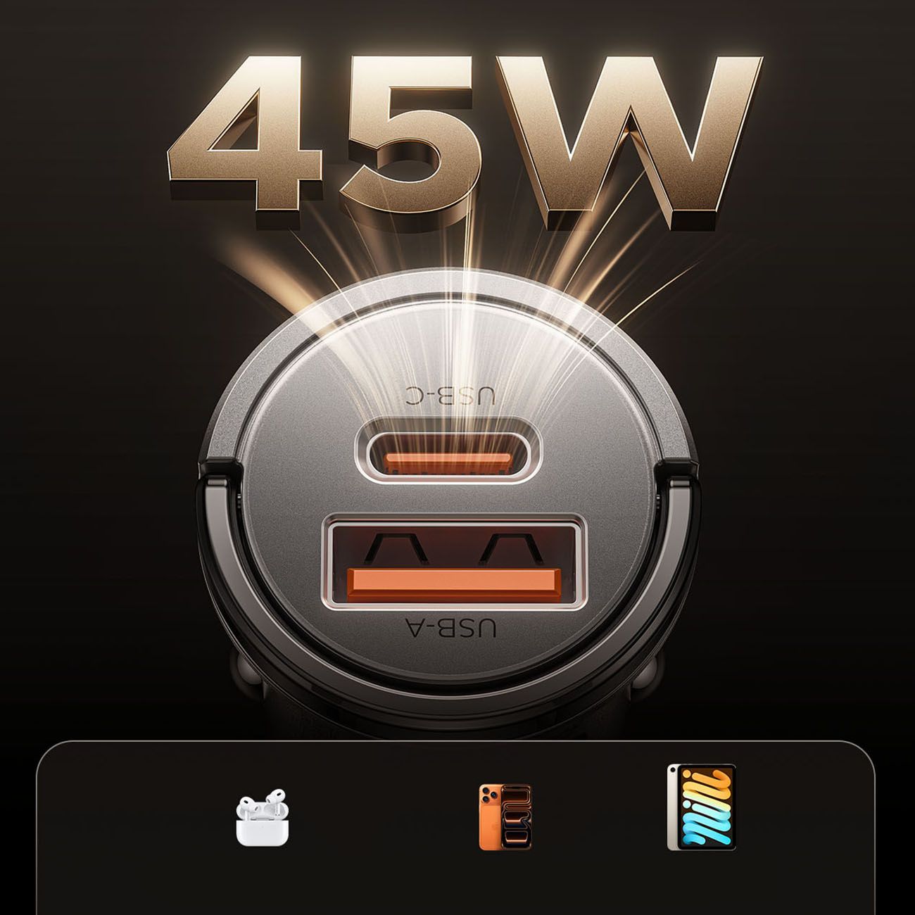 Ładowarka samochodowa 45W z portami USB-C i USB-A.