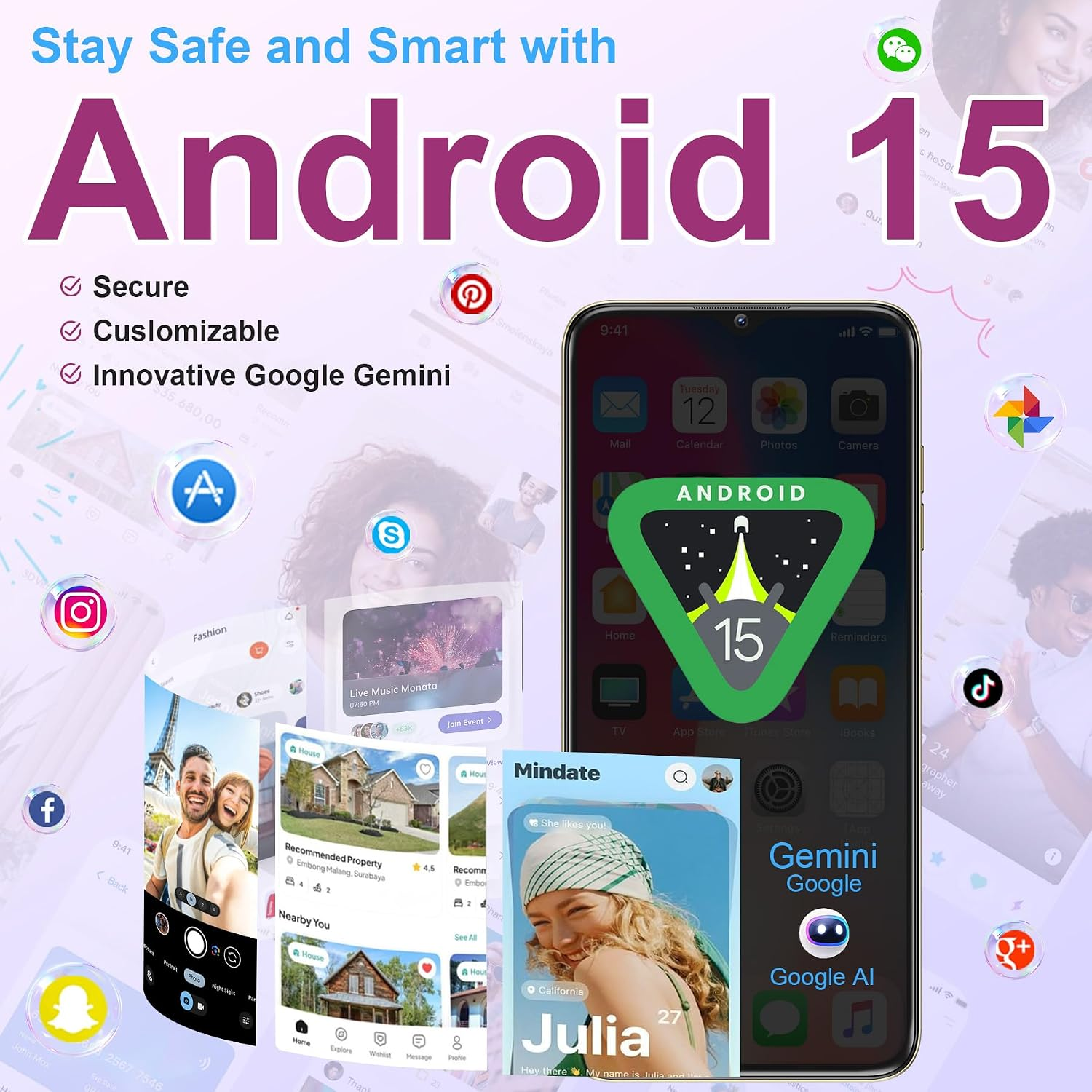 Android 15 offre Gemini sicuro e personalizzabile. Schermo telefono mostra app.