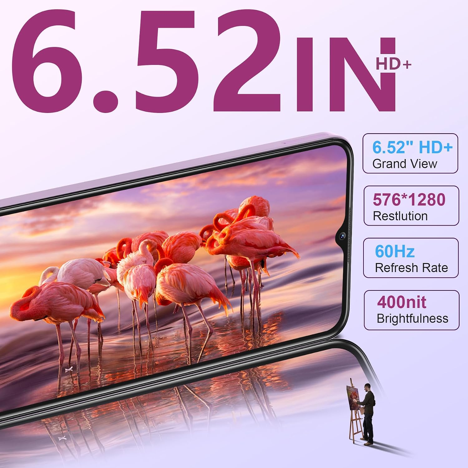 Uno smartphone mostra fenicotteri al tramonto. Display HD+ da 6,52 pollici.