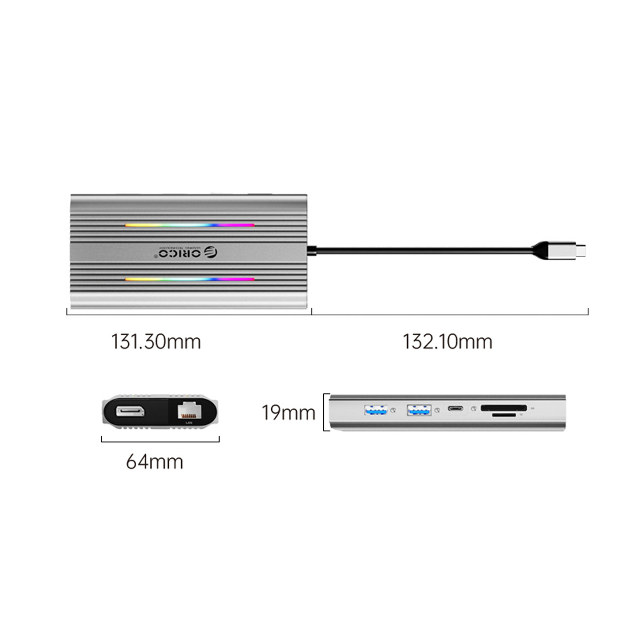 Srebrny hub USB-C z portami i wymiarami.