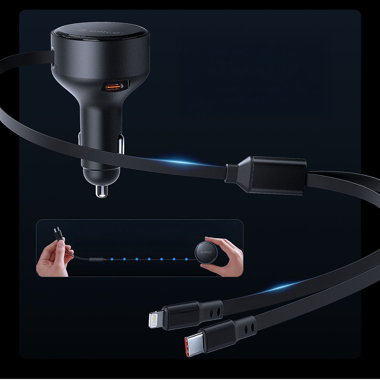 Czarna ładowarka samochodowa z kablami USB-C i Lightning na ciemnym tle.
