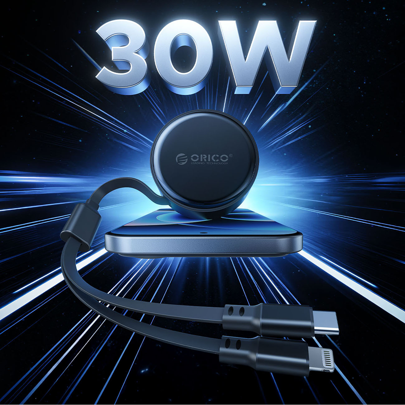 Ładowarka 30W z kablami USB-C i Lightning na smartfonie.