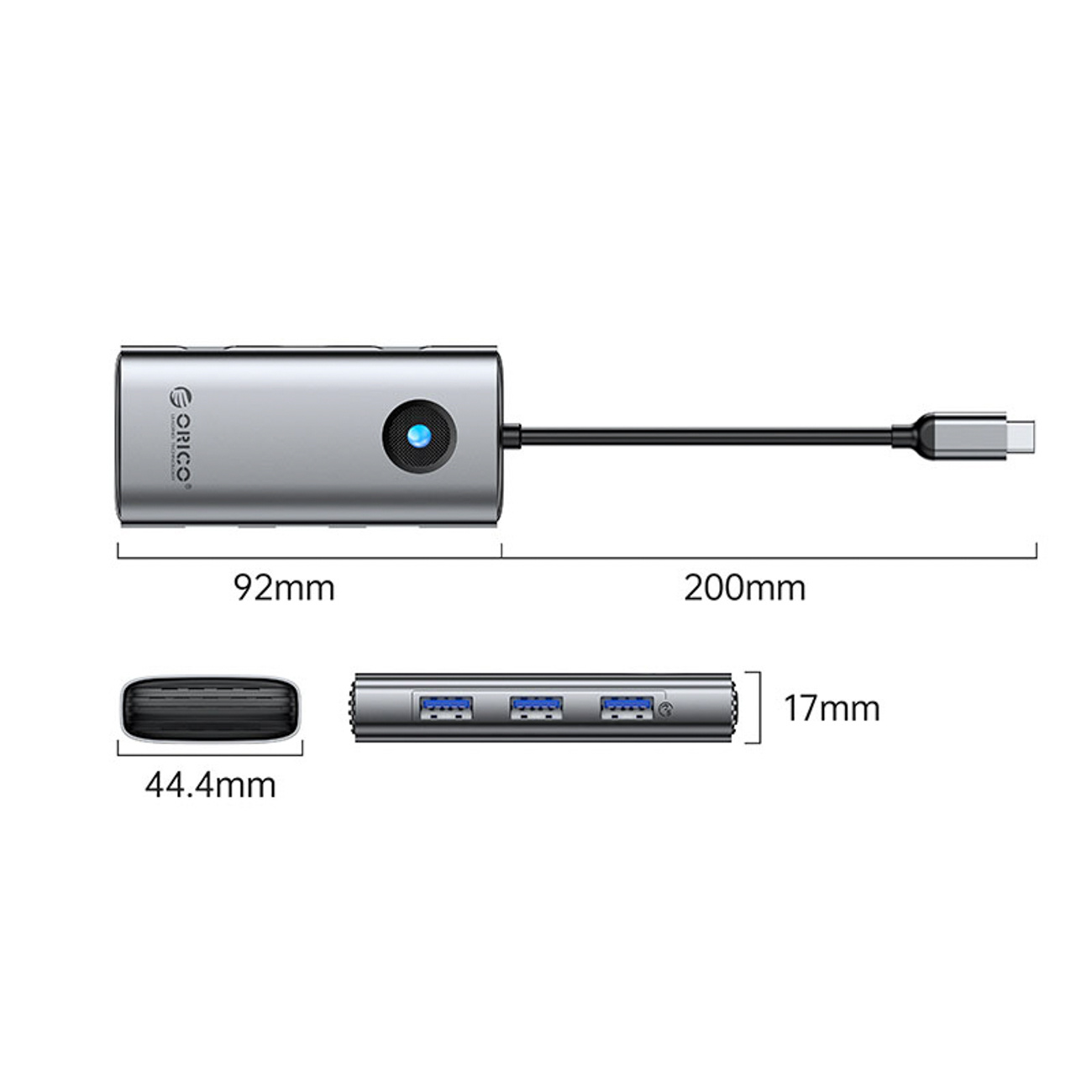 Srebrny hub USB-C z trzema portami USB i niebieskim światłem.