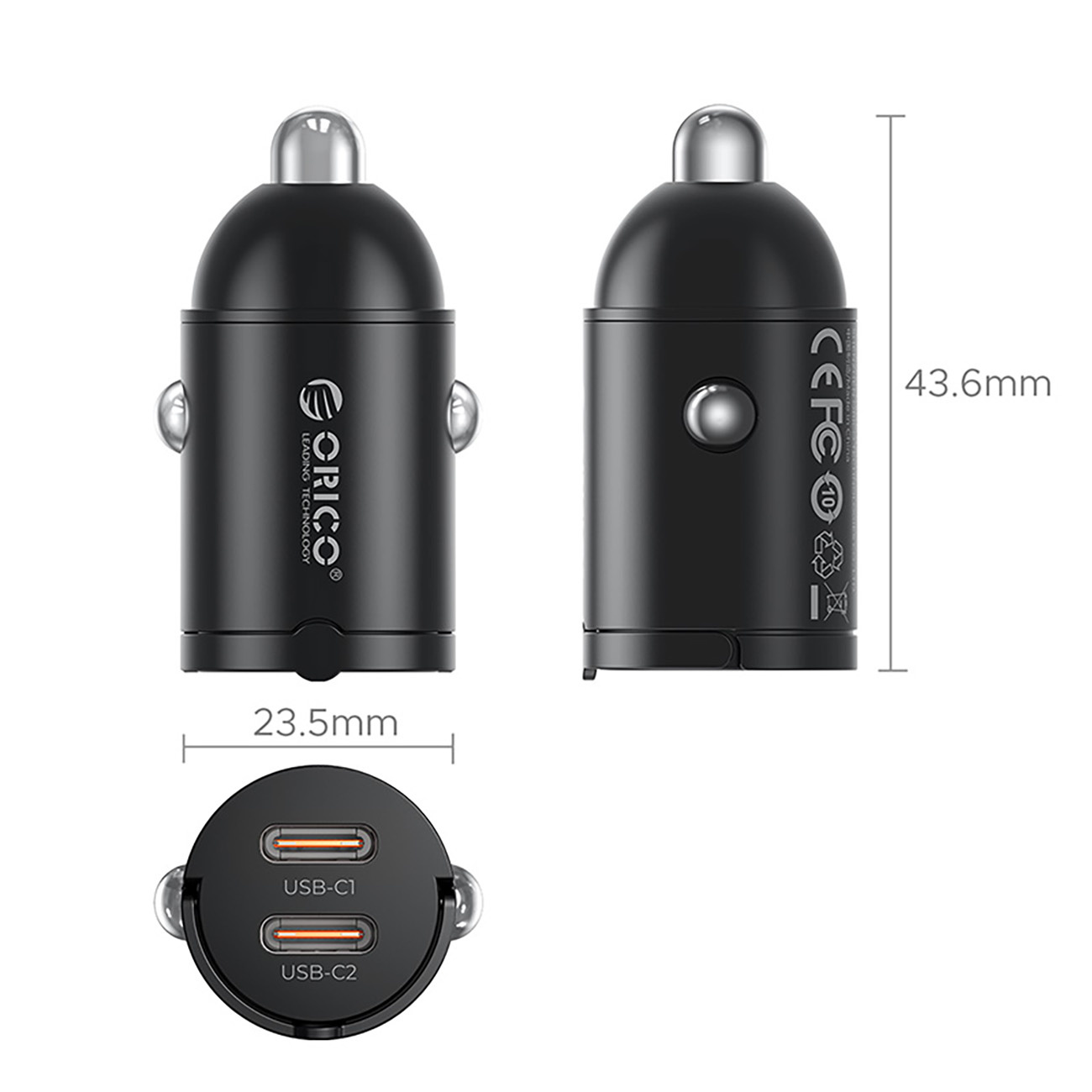 Czarna ładowarka samochodowa podwójna USB-C, wymiary 43,6 mm i 23,5 mm.