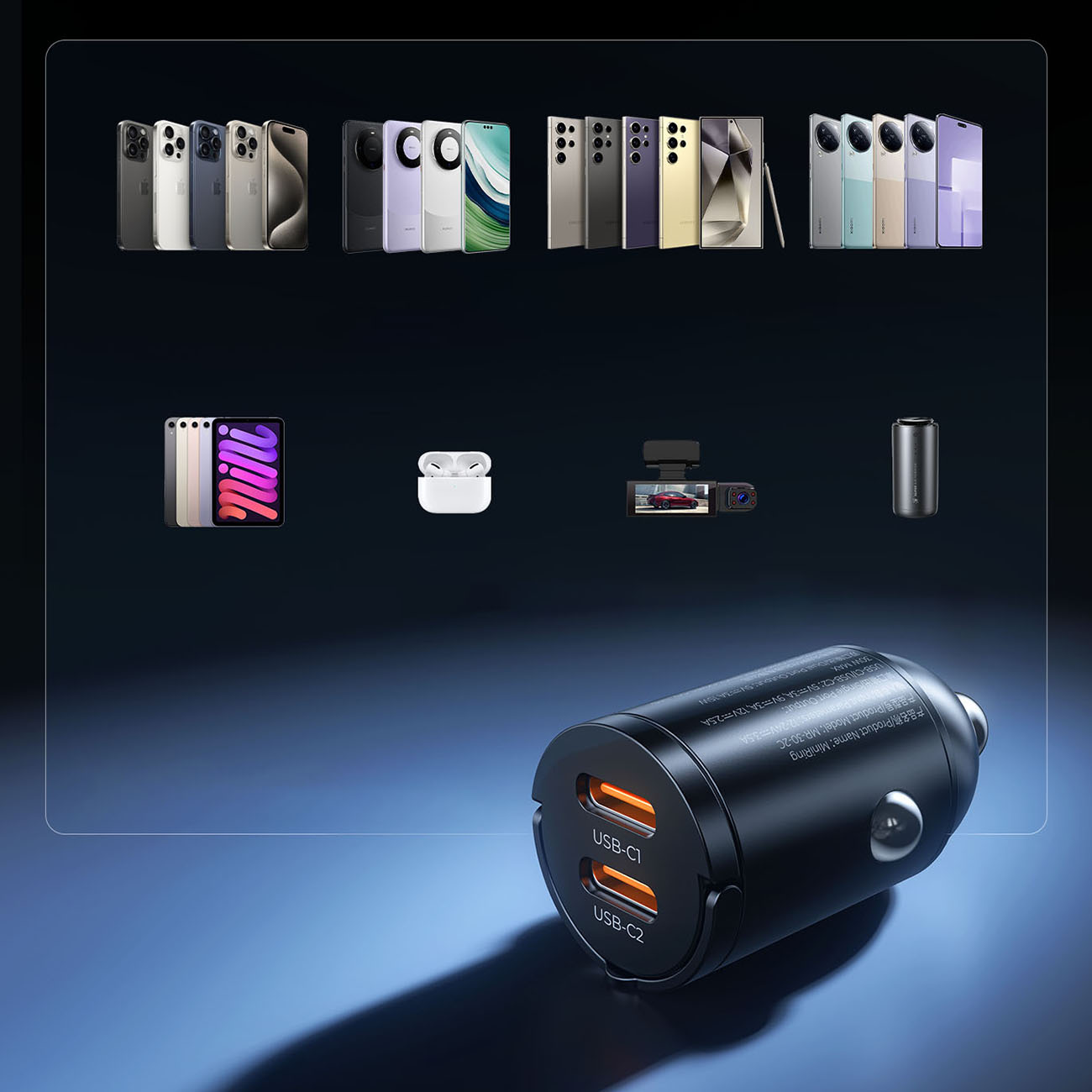 Czarna ładowarka samochodowa z dwoma portami USB-C, otoczona smartfonami, tabletami i słuchawkami.