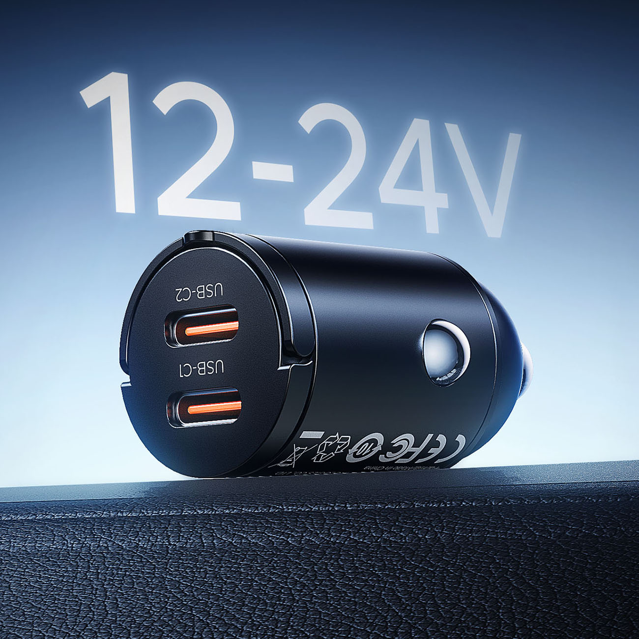 Czarna ładowarka samochodowa z dwoma portami USB-C i napisem "12-24V".
